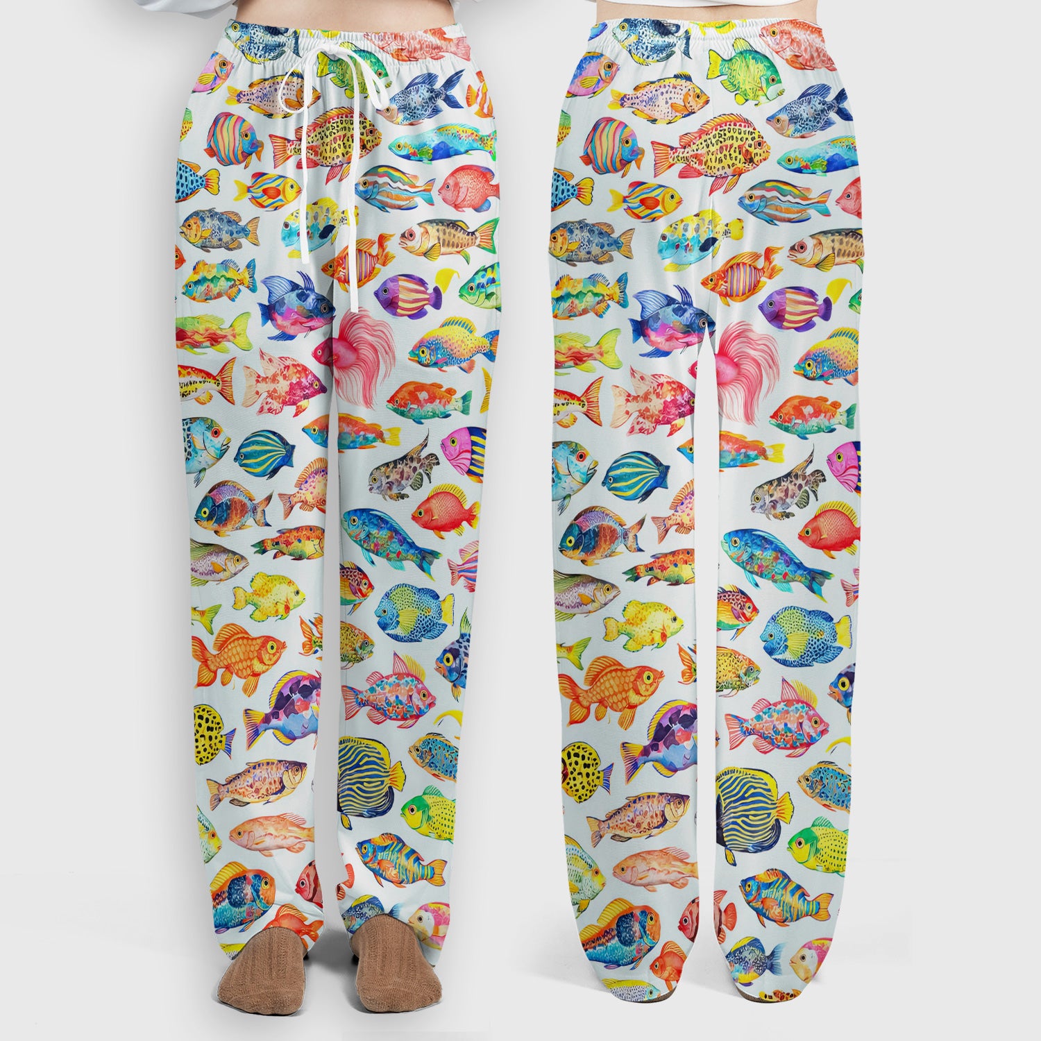 Colorful Tropical Fish Pattern Scrub Set, Scrub Pants and V Neck Top
