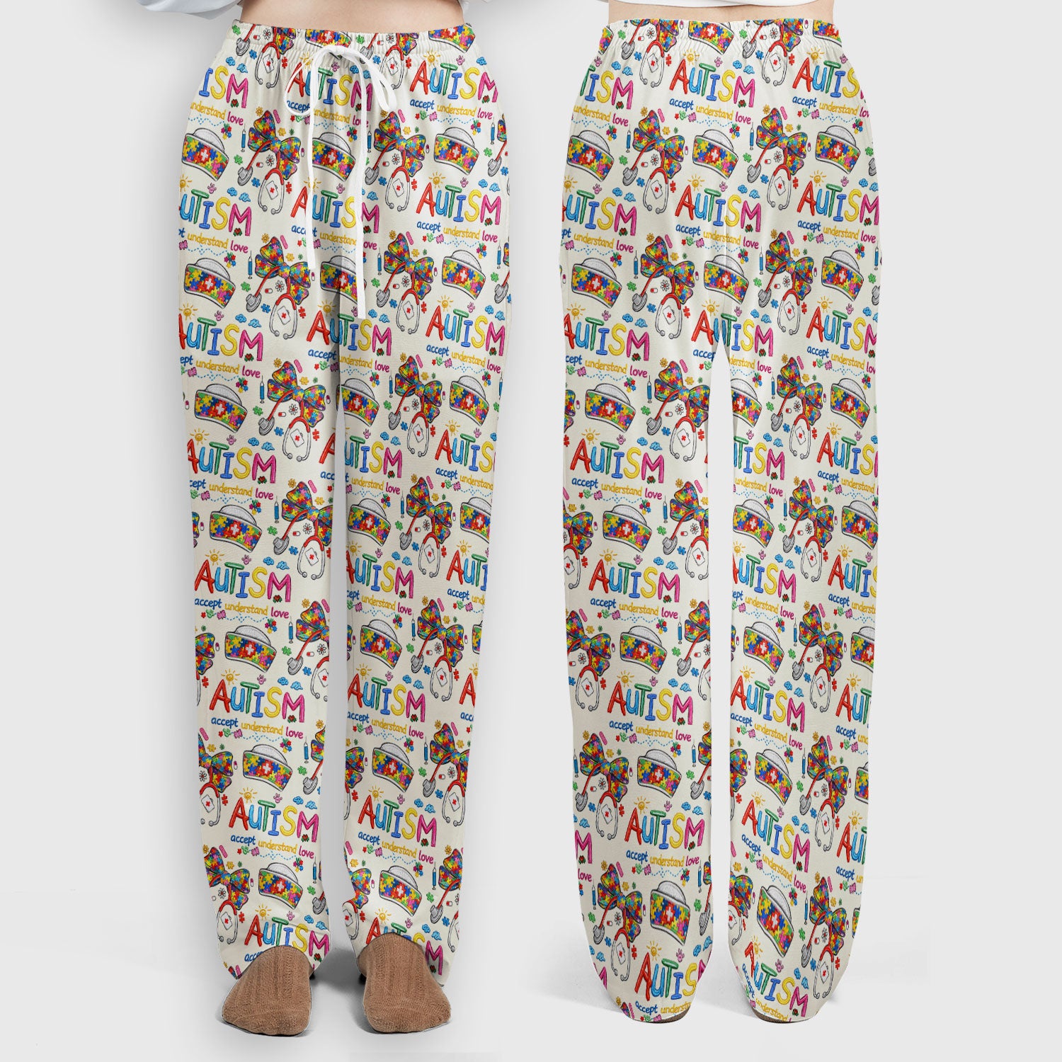Autism Awareness Pattern Nurse Scrub Set, Accept Understand Love Puzzle Nurses Shirt, Breathable Fabrics Nursing Uniform