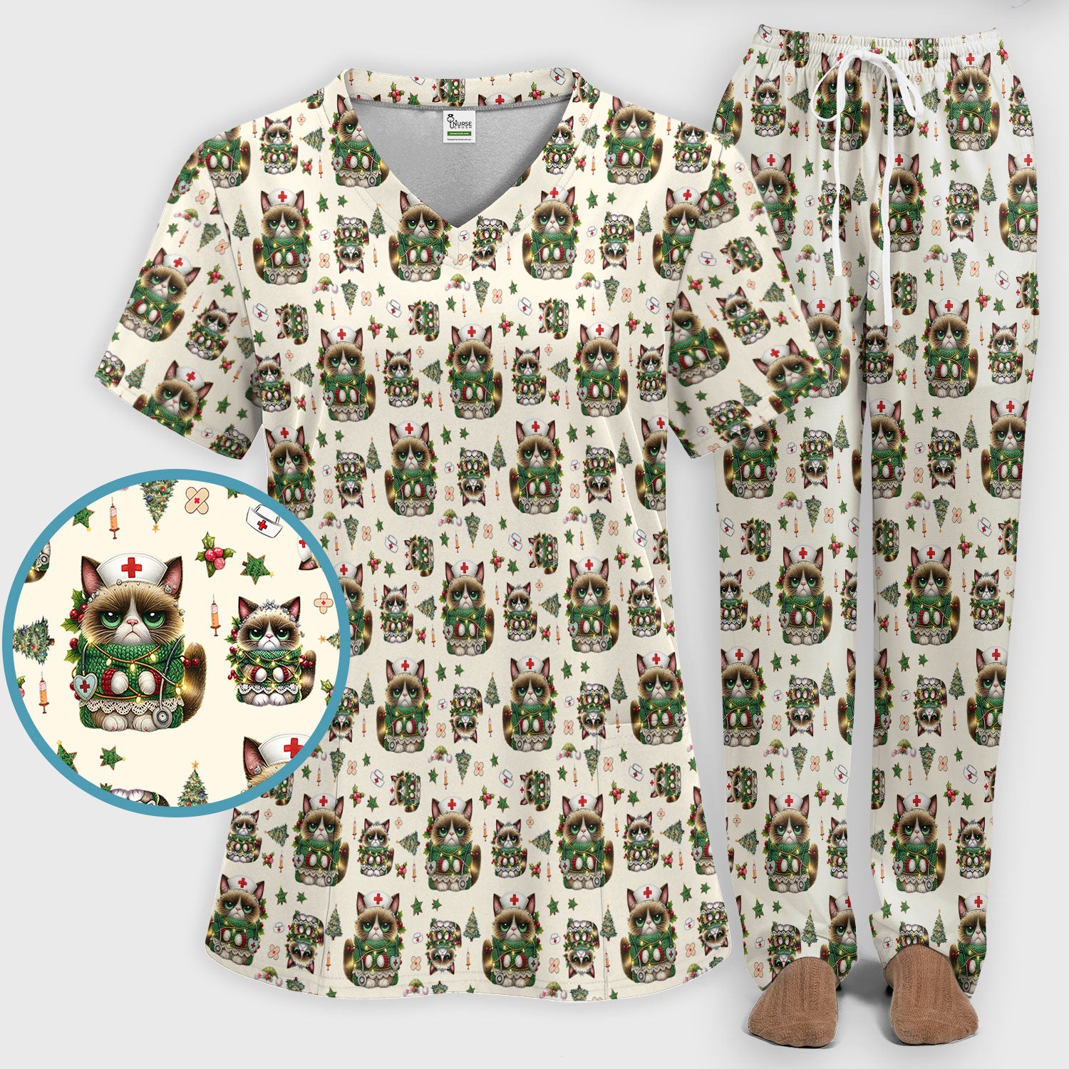 Christmas Nurse Scrub Set - Funny Cat Nursing Scrubs Pants and V Neck Top - Cute Holiday Medical Uniform for Women RN LPN CNA