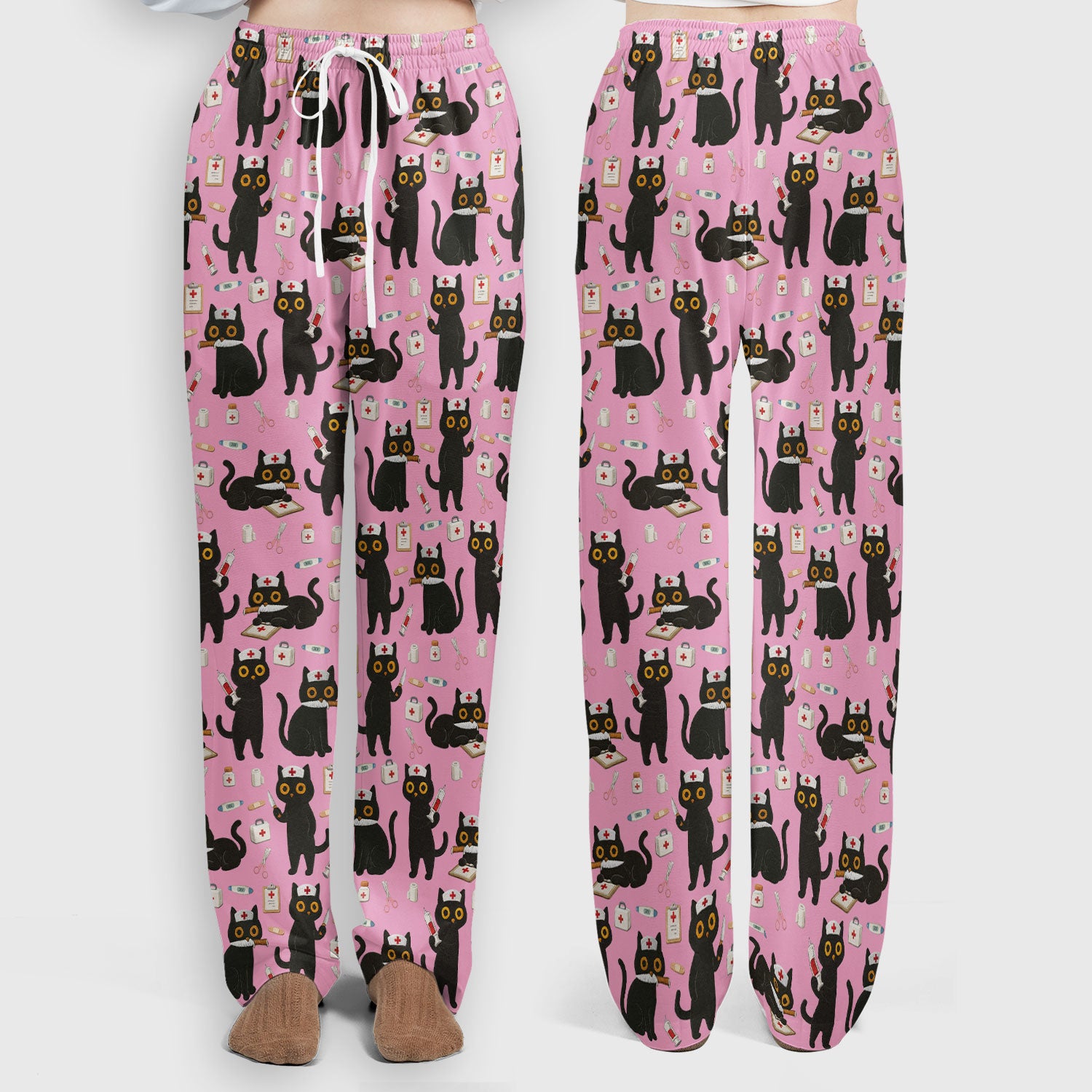 Cute Black Cat Nurse Pattern Women's Scrub Set, Breathable Med Uniform