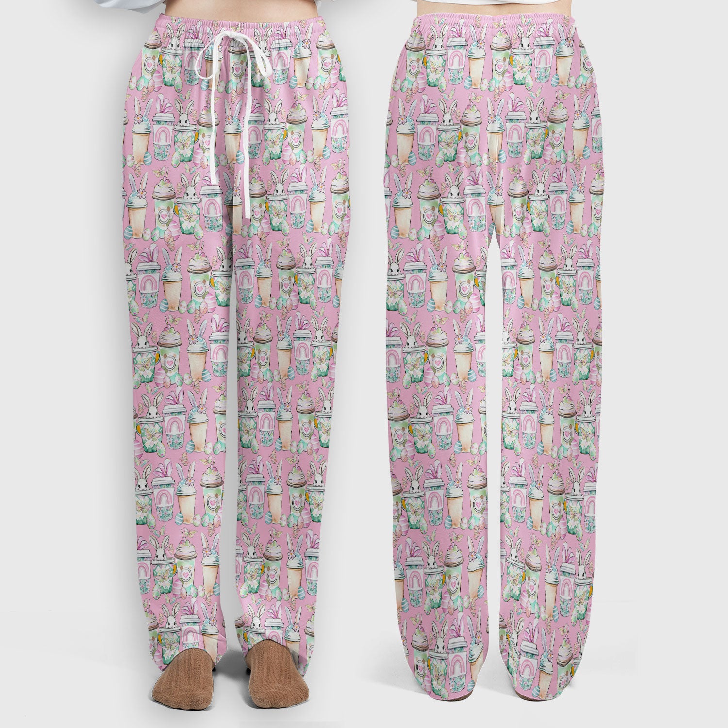 Cute Easter Bunny Coffee Cup Pattern Scrub Sets, Scrub Pants and V Neck Top
