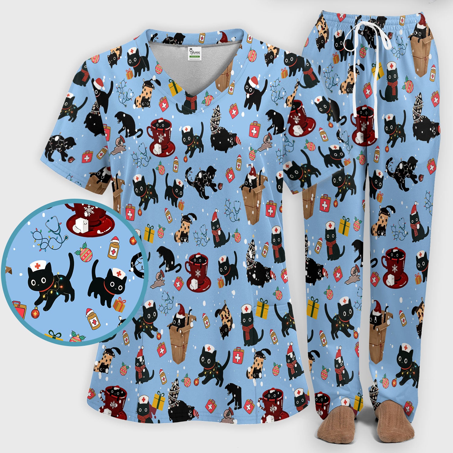 Funny Cat Scrub Sets for Women - Christmas Black Cats Pants and V Neck Top - Breathable Fabrics Nursing Uniform