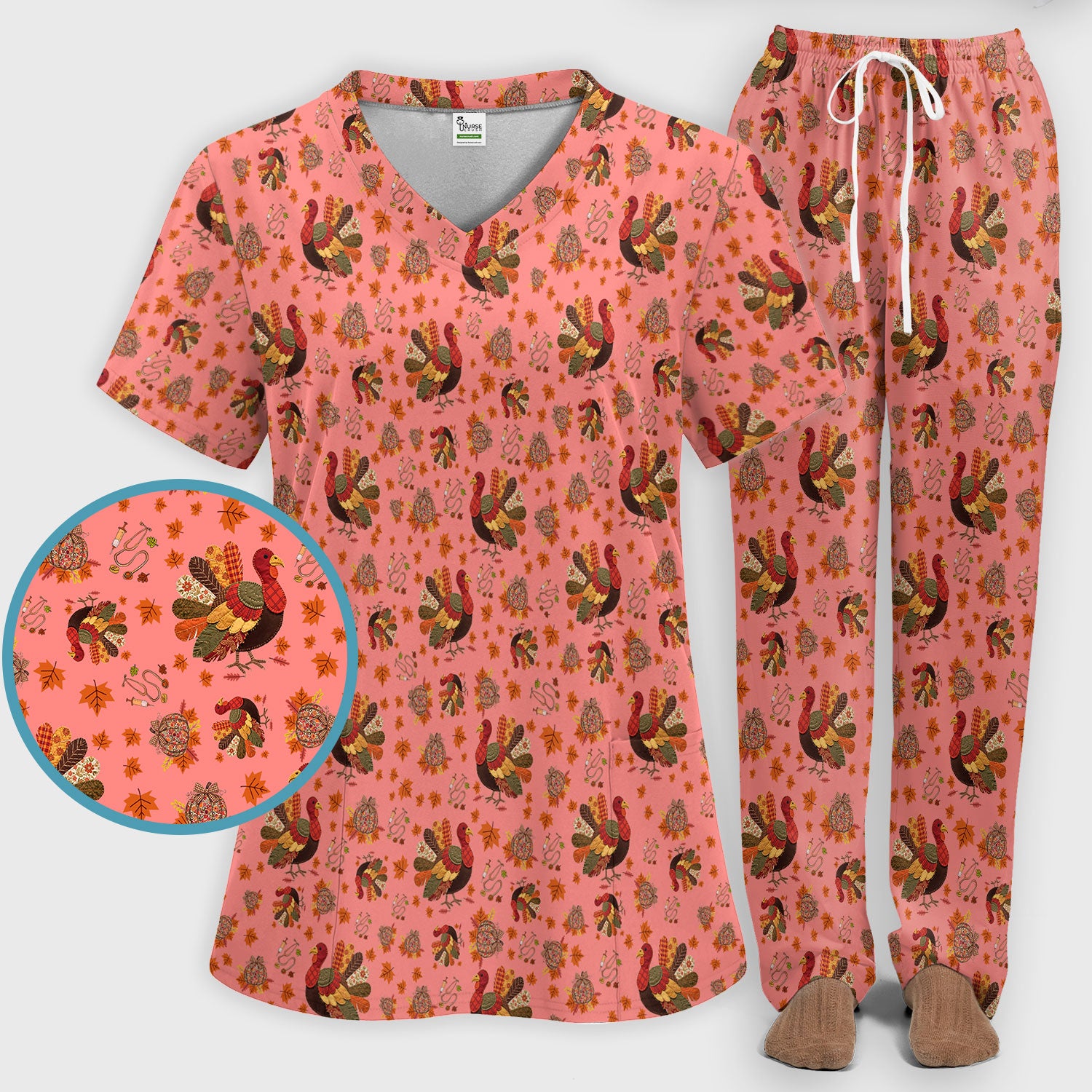 Thanksgiving Turkey Nurse Scrub Sets for Women - Fall Leaves Scrub Pants and V Neck Top - Autumn Nursing Uniform