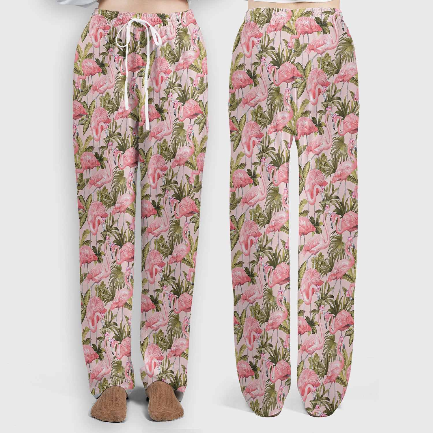 Pink Flamingo Jungle Leaves Pattern Scrub Set, Scrub Pants and V Neck Top