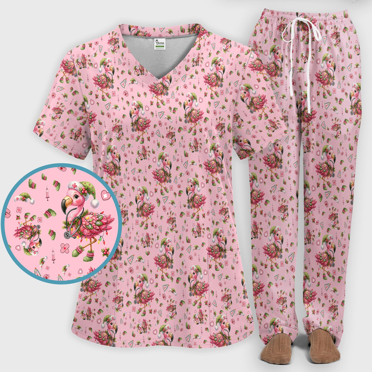 Pink Flamingo Christmas Scrub Set - Cute Flamingo Scrubs Pants and V Neck Top - Fun Christmas Medical Uniform