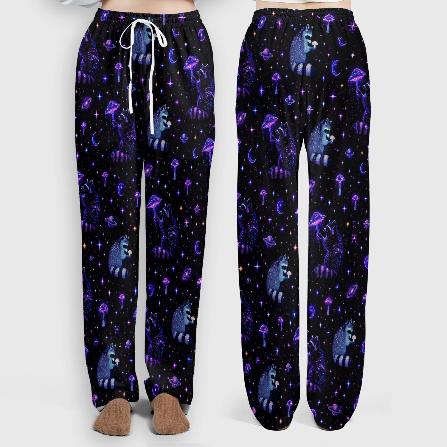 Cute Raccoon Mushroom Galaxy Pattern Scrub Set, Scrub Pants and V Neck Top