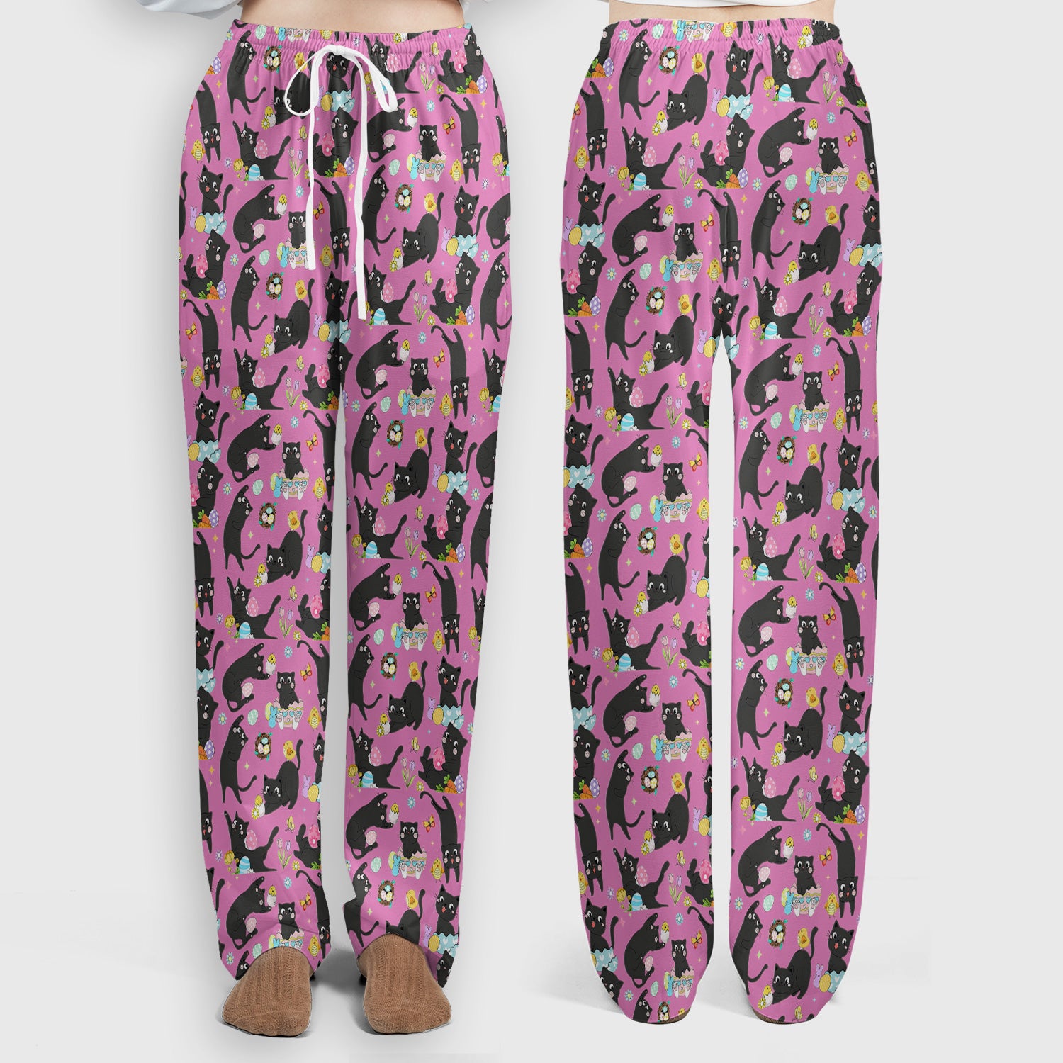 Playful Black Cat Easter Egg Pattern Scrub Set, Scrub Pants and V Neck Top