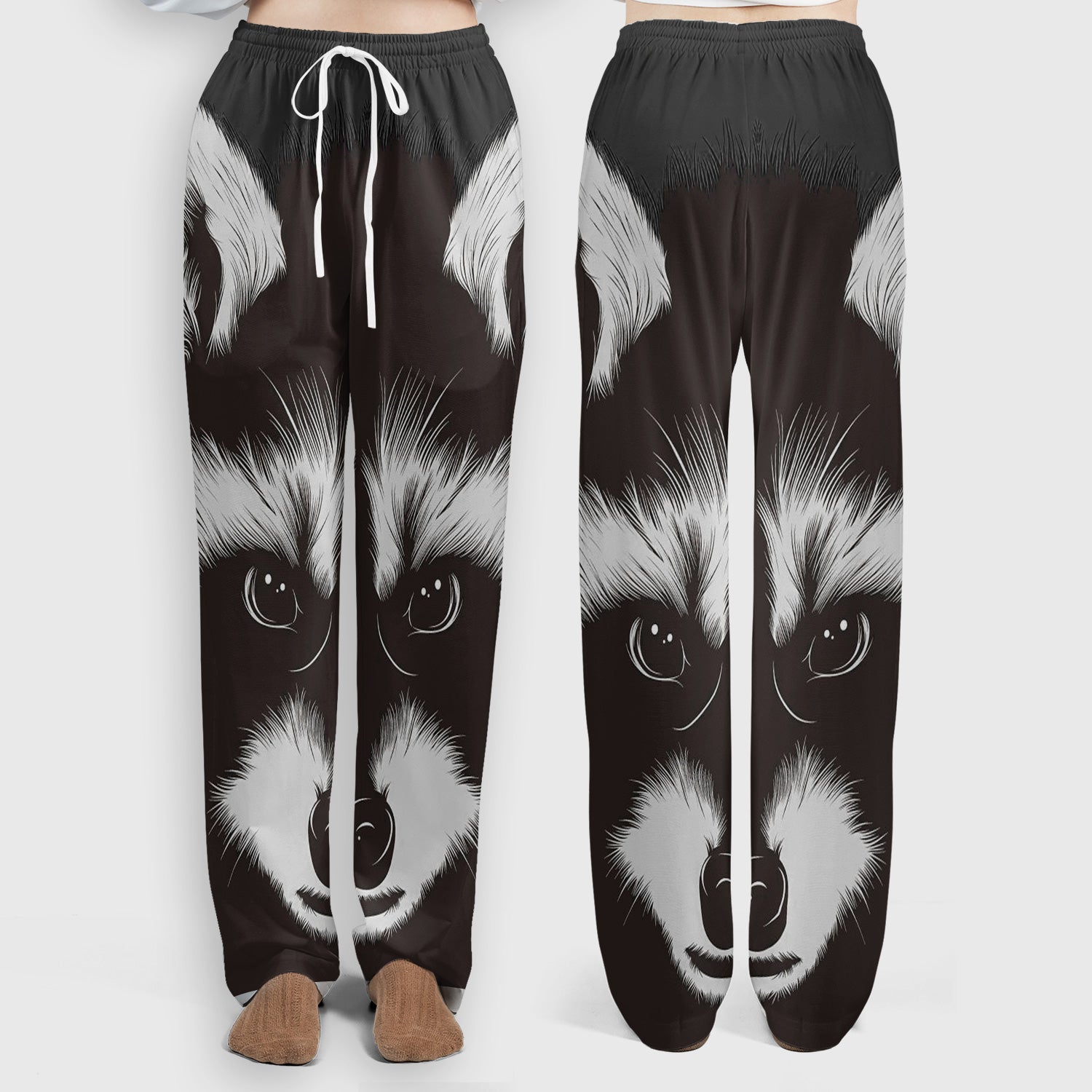Black White Raccoon Face Pattern Scrub Set, Scrub Pants and V Neck Top