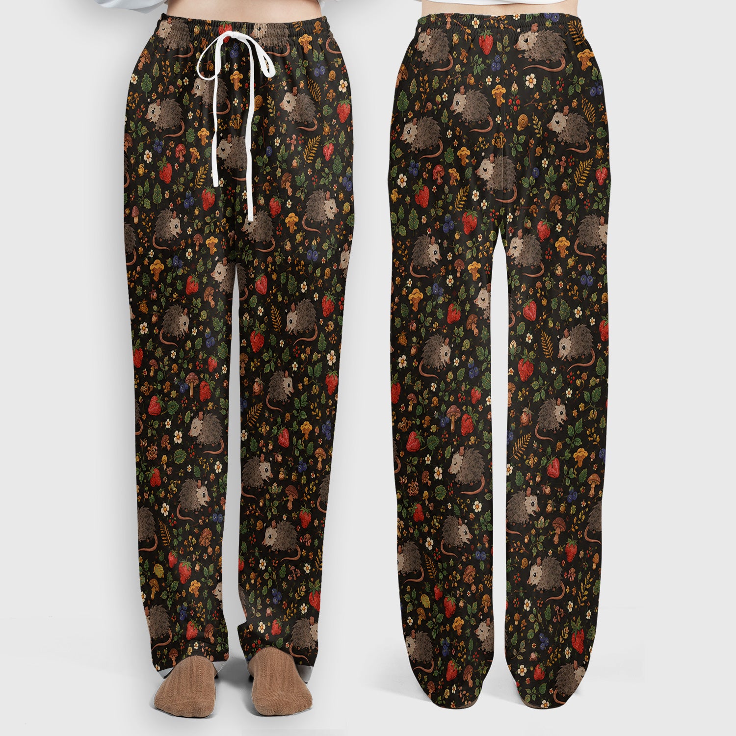 Woodland Opossum Berry Mushroom Pattern Scrub Set, Scrub Pants and V Neck Top