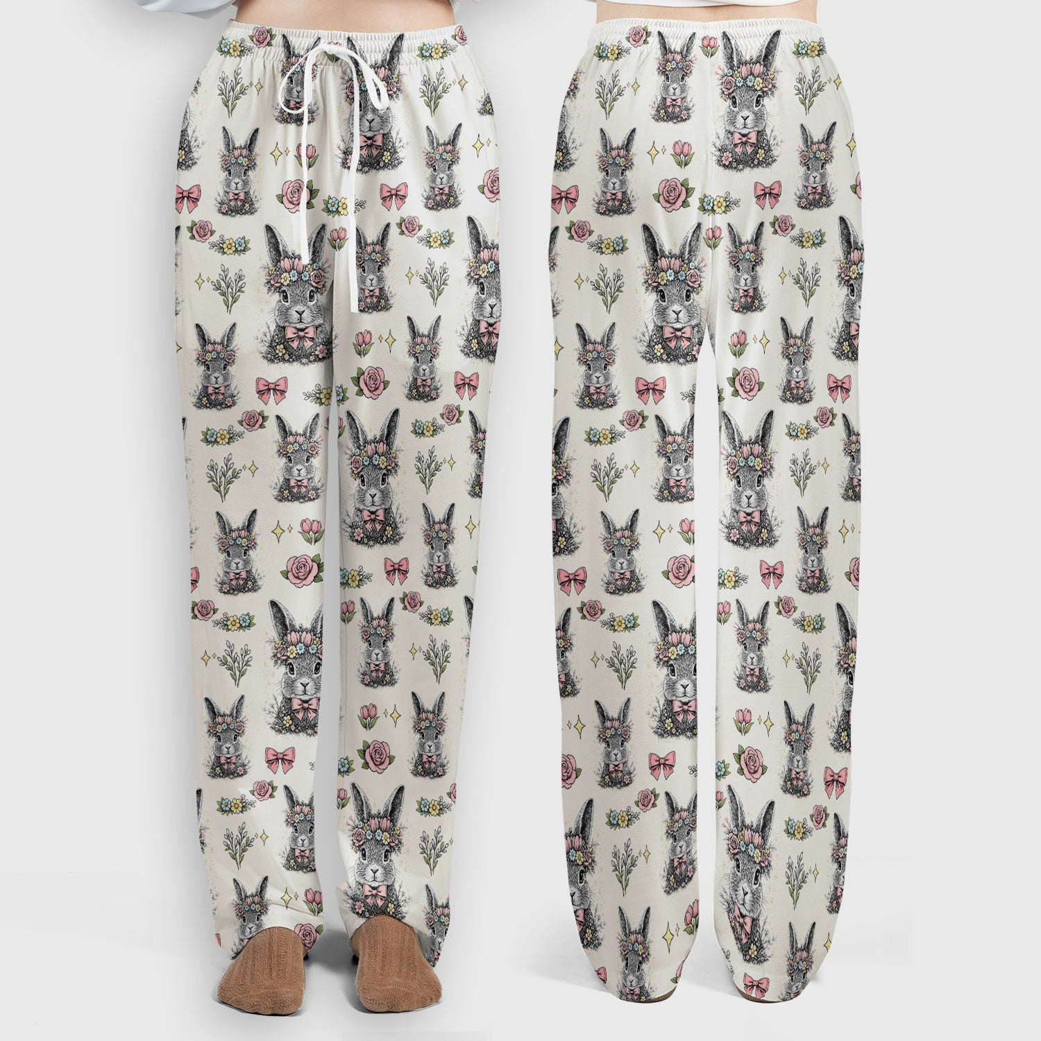 Vintage Floral Bunny Print Scrub Set, Scrub Pants and V Neck Top