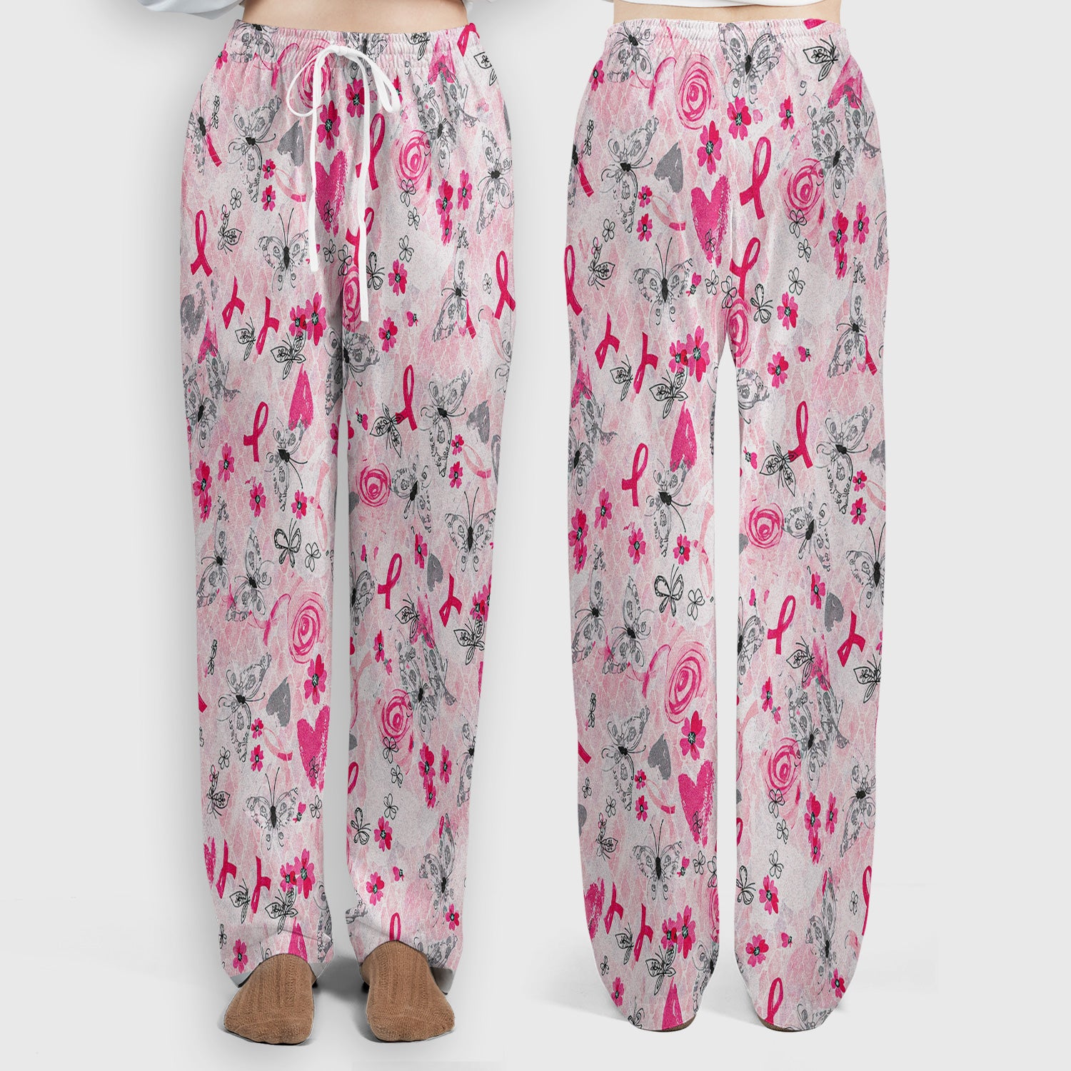 Breast Cancer Awareness Butterfly Floral Scrub Set, Scrub Pants and V Neck Top