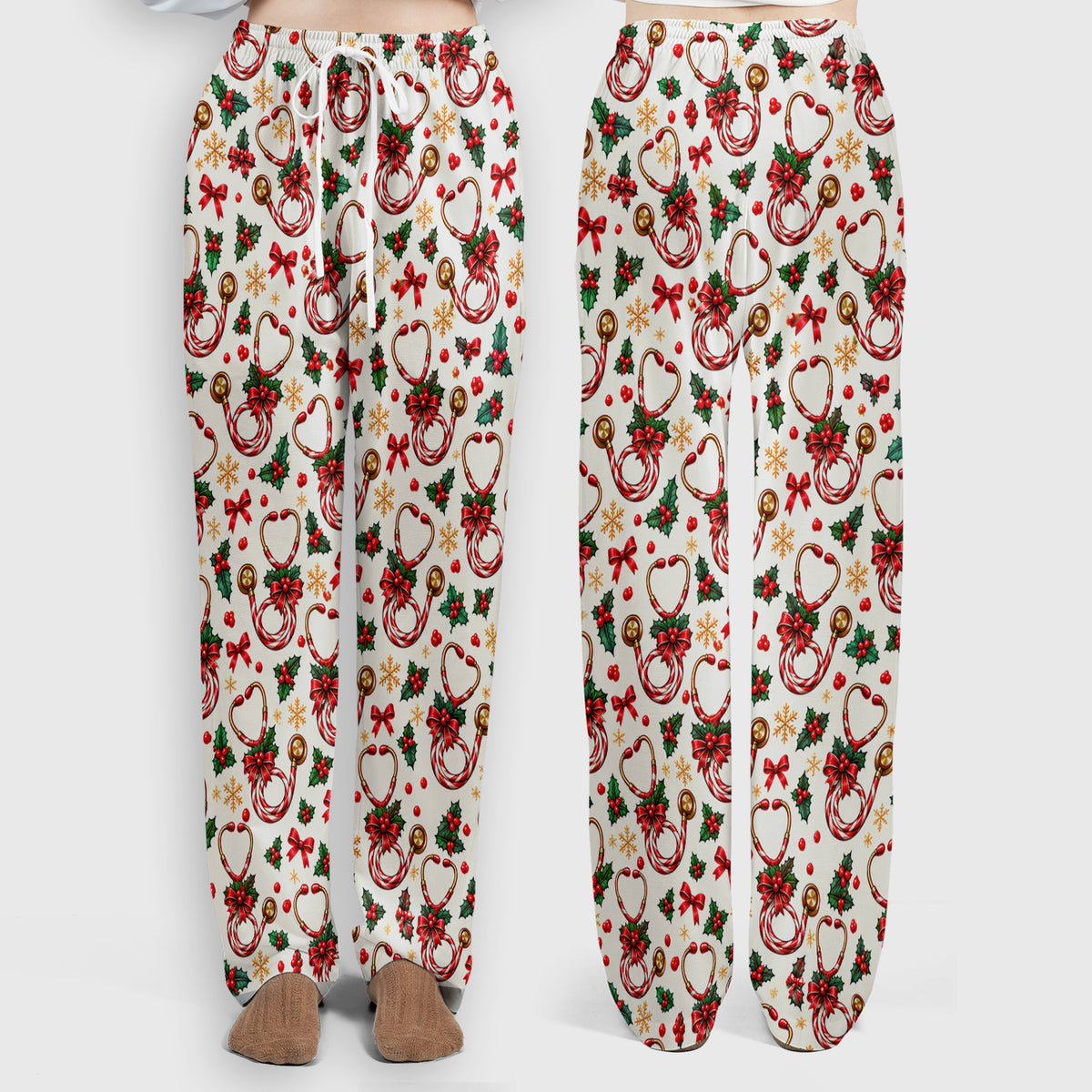 Christmas Candy Cane Stethoscope Pattern Scrub Set, Scrub Pants and V Neck Top