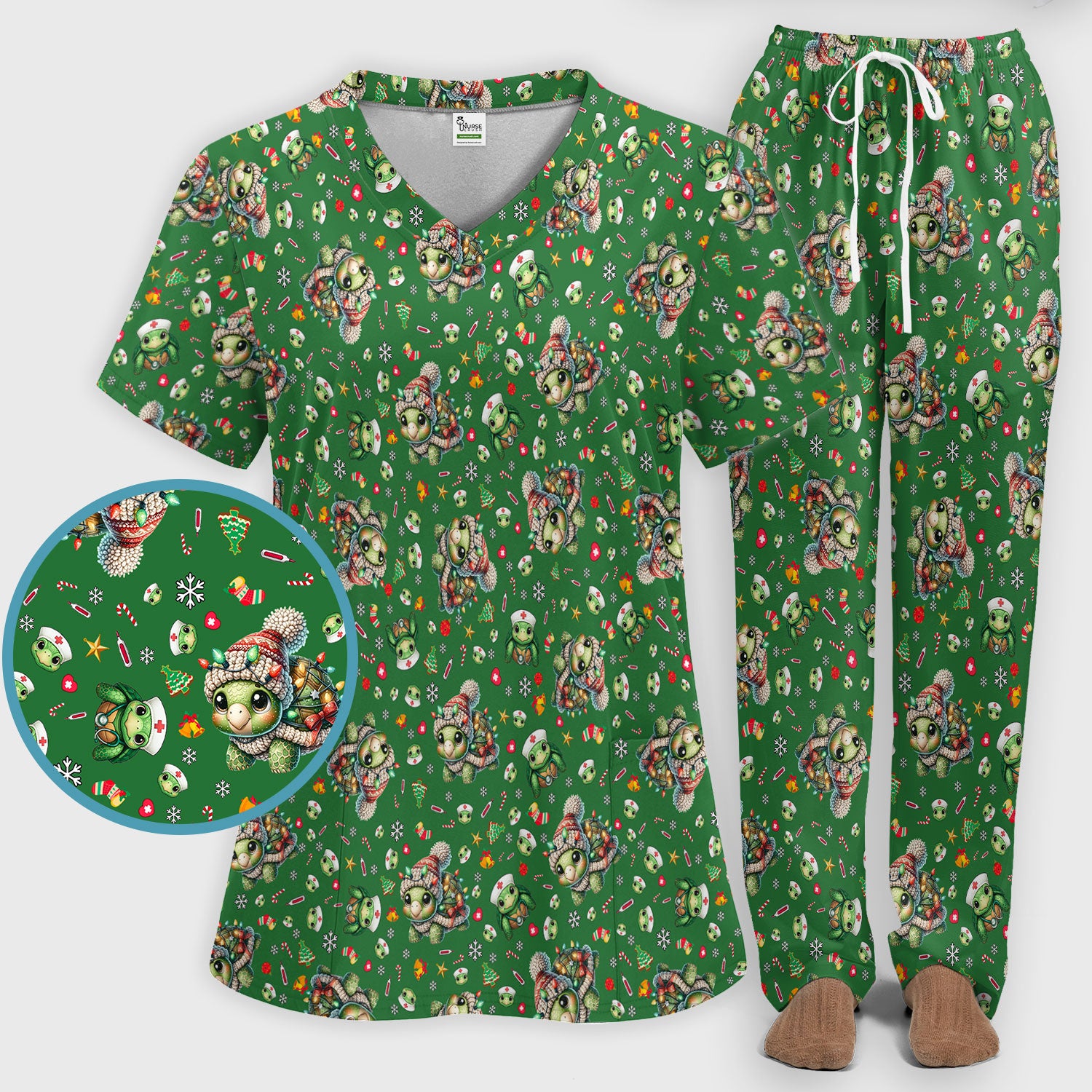 Christmas Turtle Scrub Set - Cute Funny Nurse Pants and V Neck Top - Holiday Medical Uniform for Women