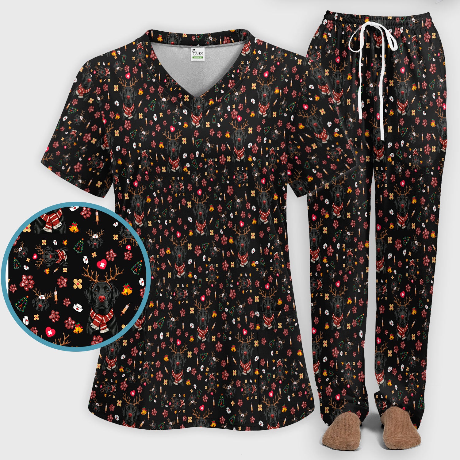 Funny Black Lab Reindeer Scrub Set - Christmas Dog Nurse Pants and V Neck Top - Cute Holiday Medical Uniform