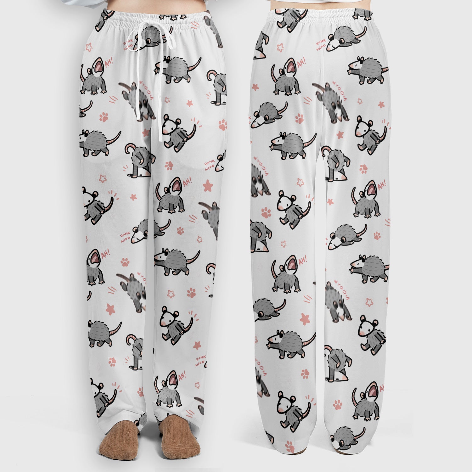 Playful Cartoon Opossum Character Pattern Scrub Set, Women's Scrub Sets