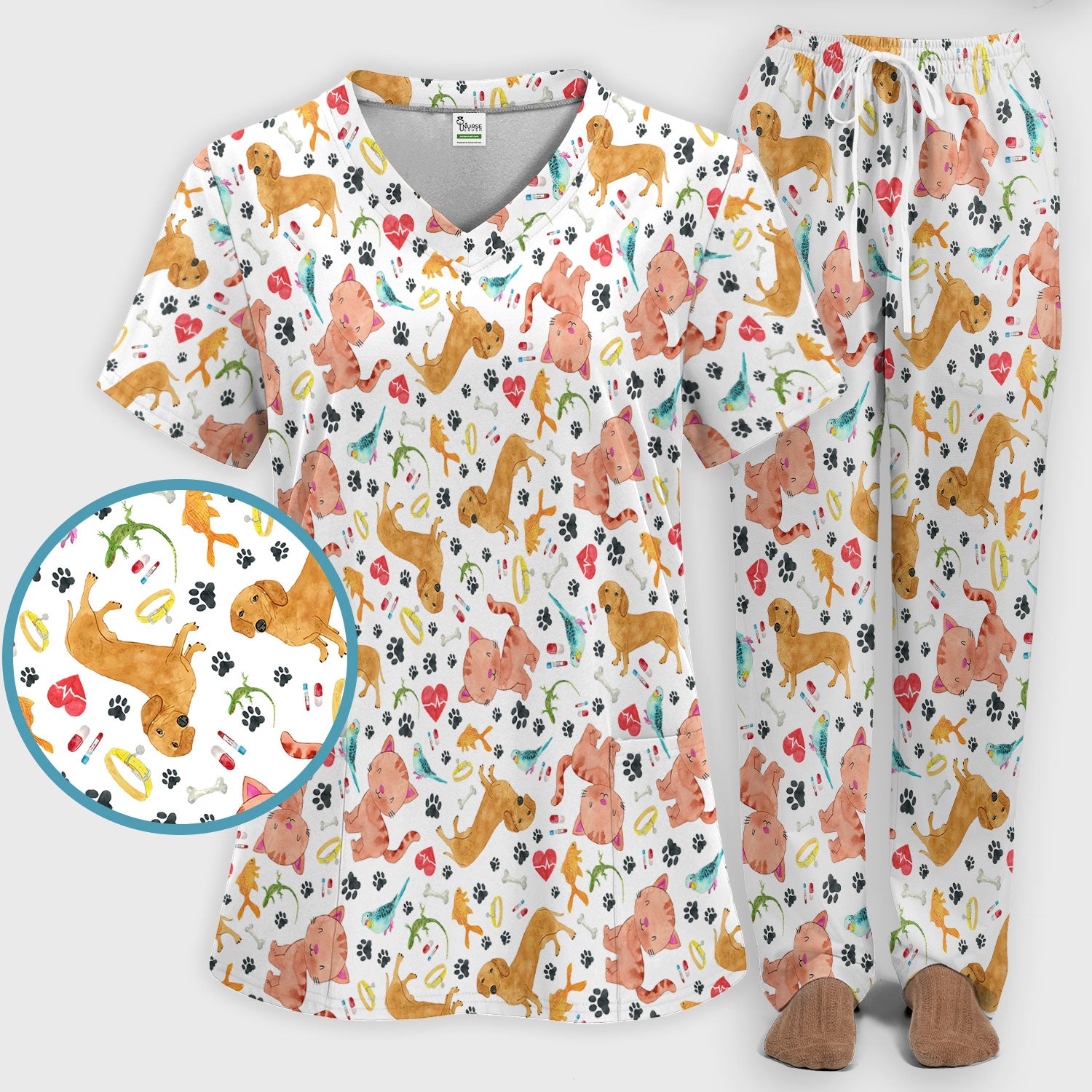 Cat Dog Veterinary Scrub Set - Cute Animal Paw Print Medical Pants and V Neck Top for Women RN CNA Vet Tech