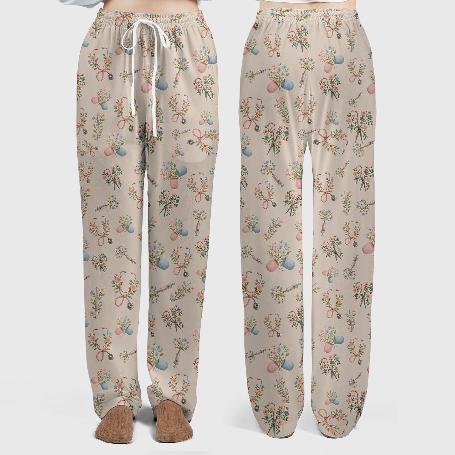 Floral Medical Scrub Set, Elegant Stethoscope With Flower Nursing Shirt, Breathable Fabrics Nurse Uniform