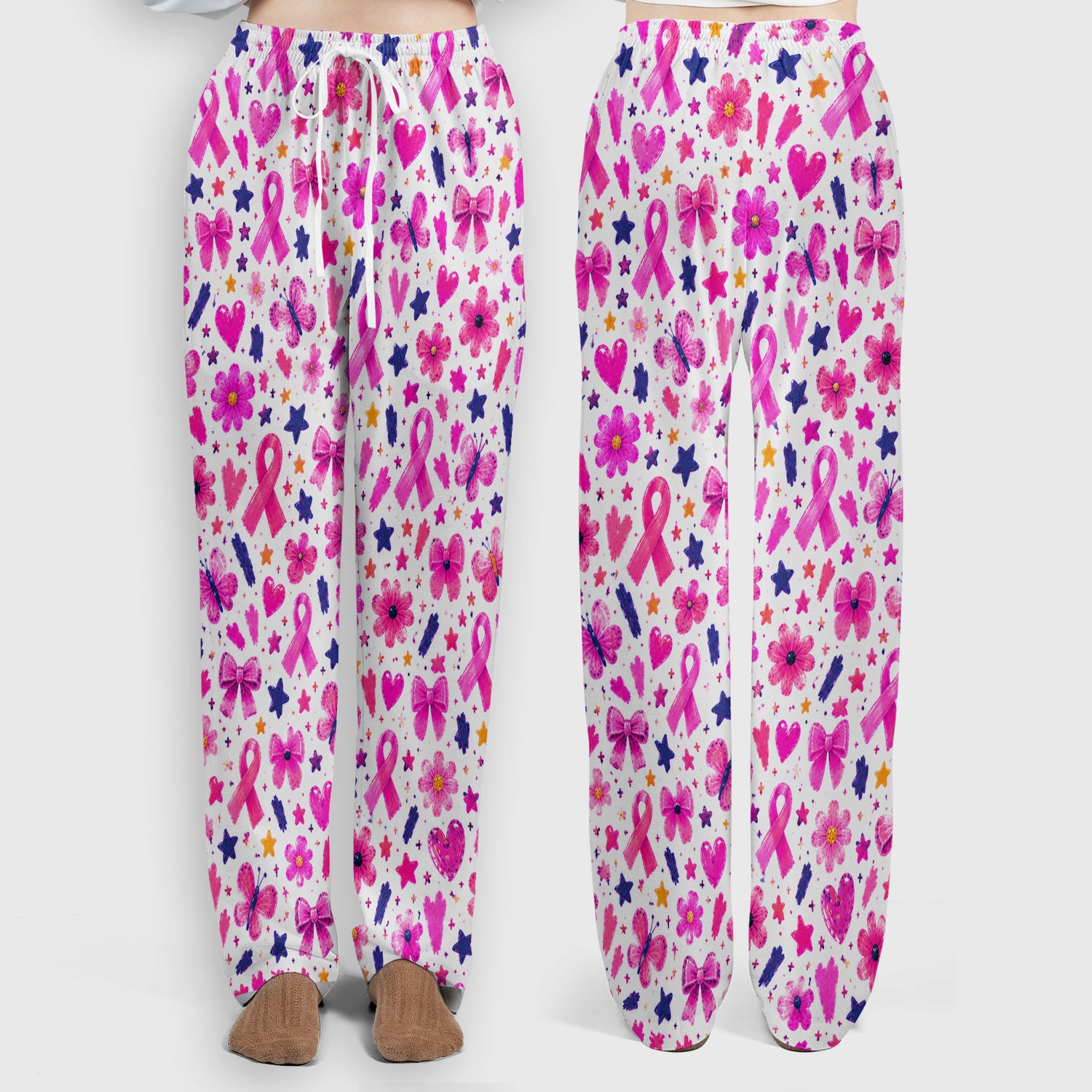 Pink Ribbon Floral Pattern Scrub Set, Scrub Pants and V Neck Top