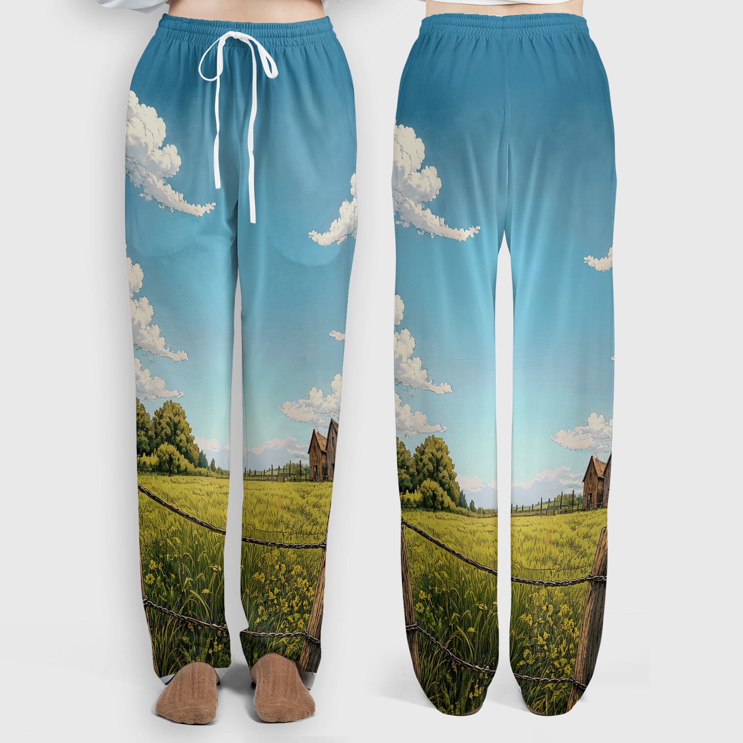 Curious Highland Cow Farm Scene Scrub Set, Scrub Pants and V Neck Top