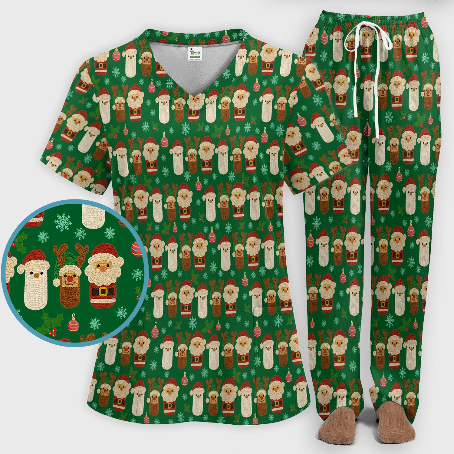 Christmas Santa Reindeer Snowman Scrub Set - Holiday Chill Pill Scrubs Pants and V Neck Top - Funny Medical Uniform for Women