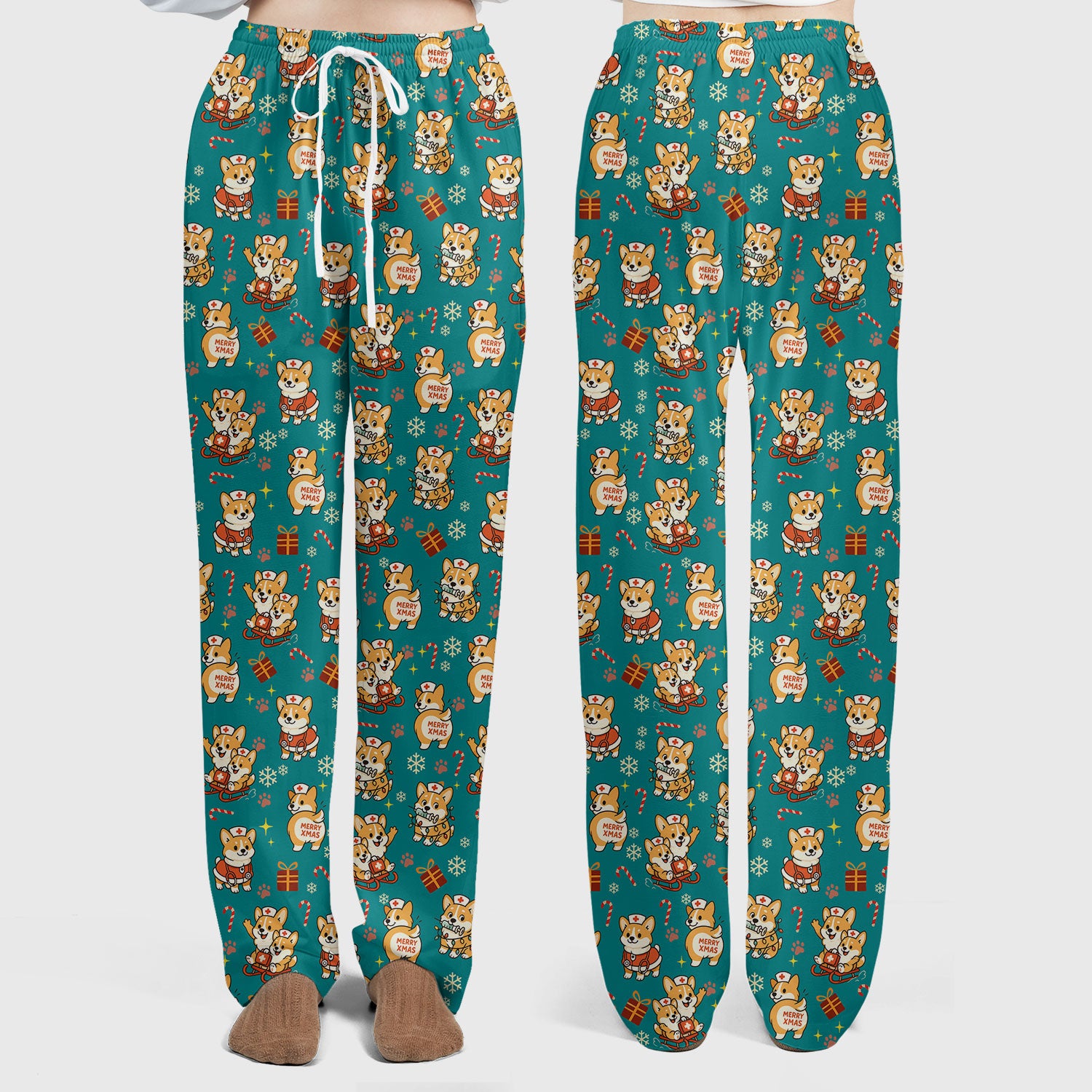 Christmas Corgi Scrubs Set for Women - Fun Corgi Christmas Pattern Nurse Scrubs Top and Pants - Festive Holiday Scrubs for CNA LPN RN