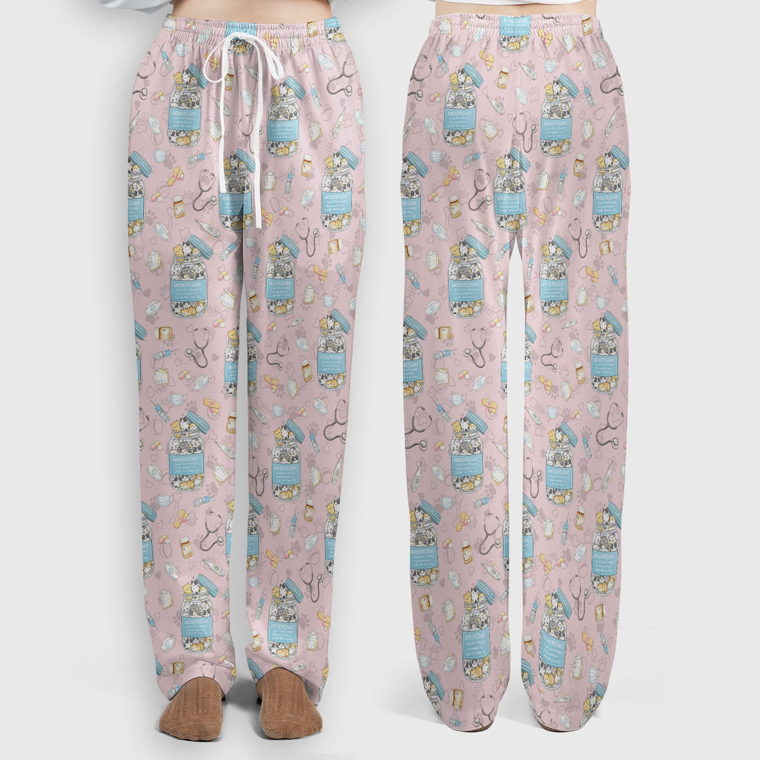 Cute Antidepressant Cat Jar Print Women's Scrub Set, Breathable Med Uniform