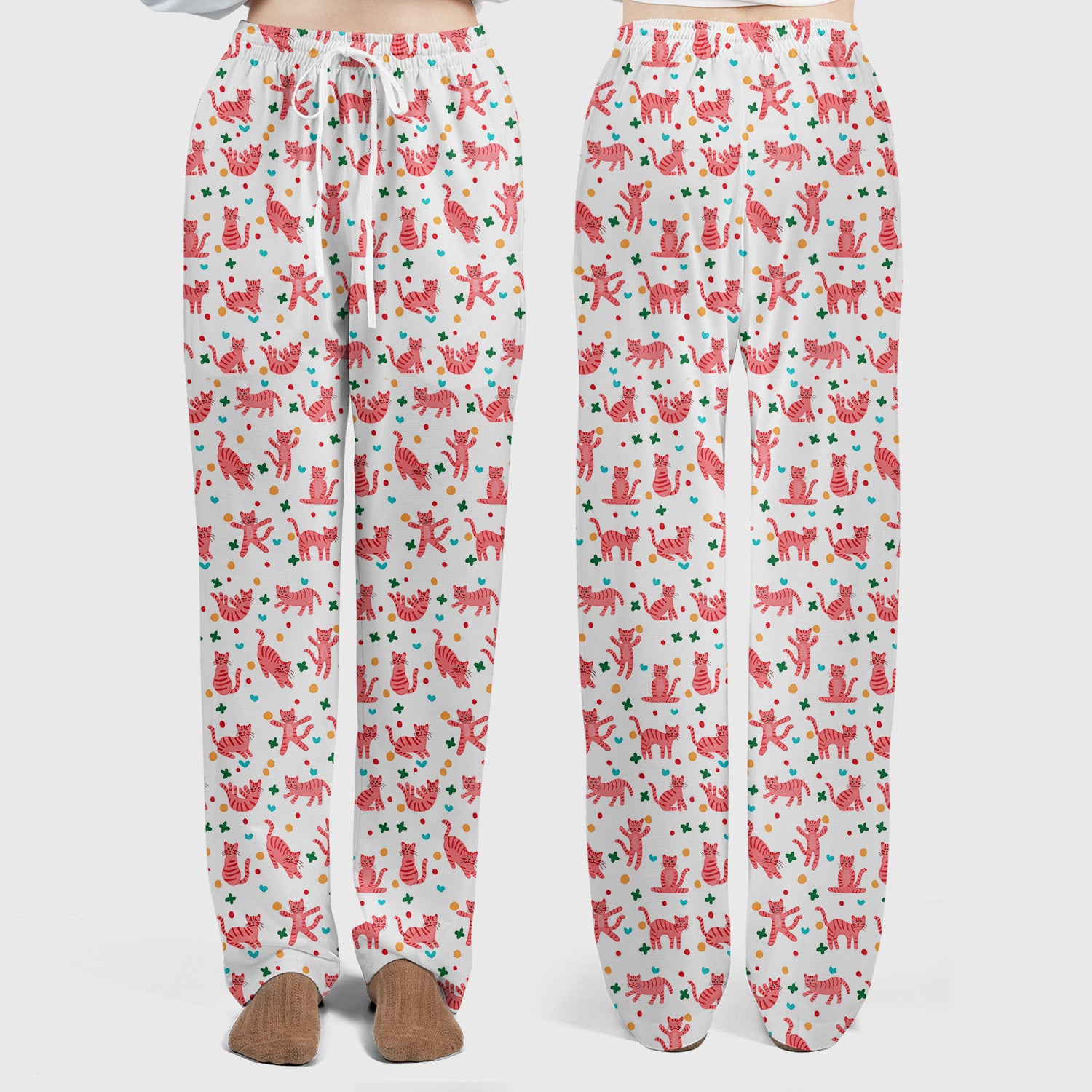 Cute Pink Cat Pattern Women's Scrub Sets, Scrub Pants and V Neck Top