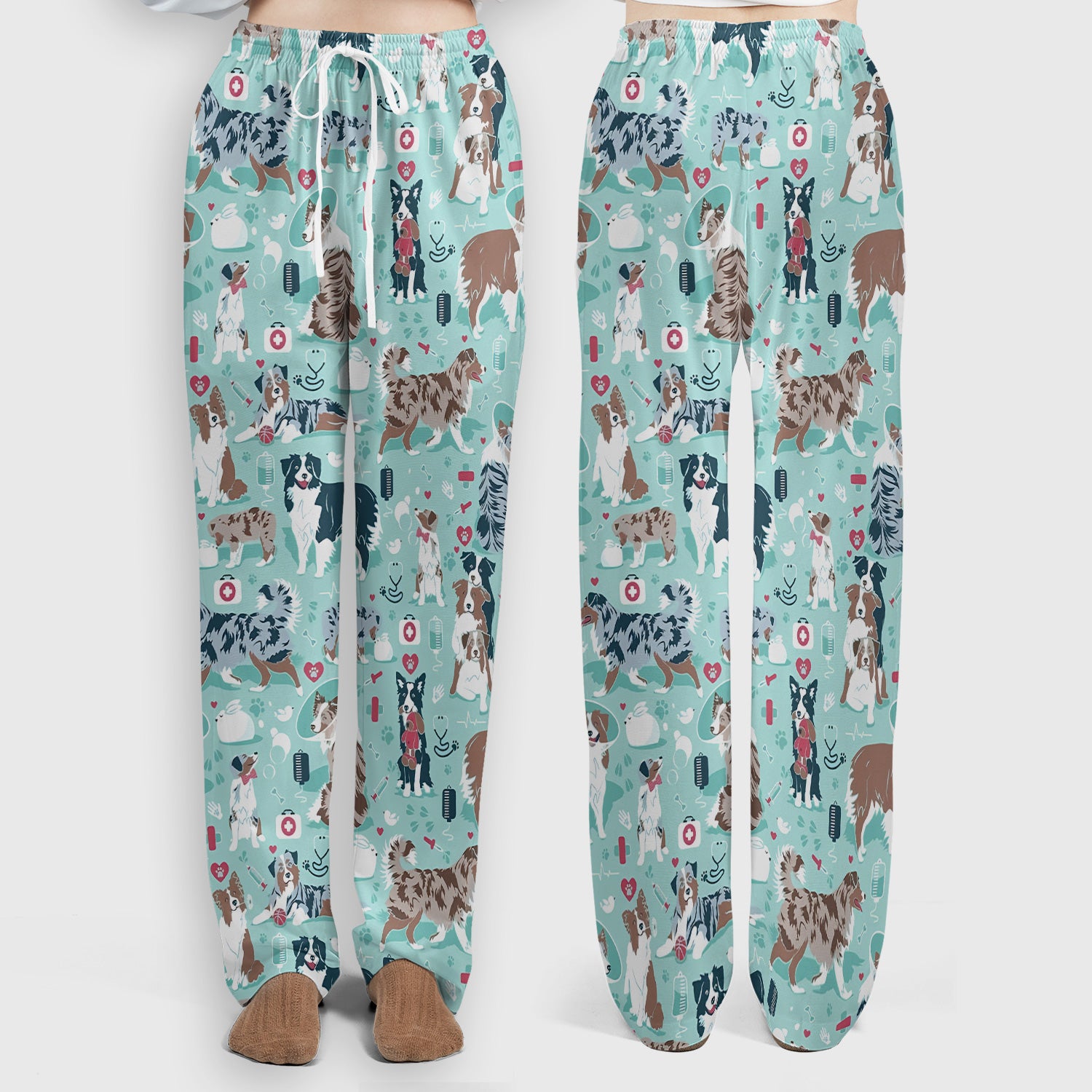 Cute Dog Pattern Women's Veterinary Scrub Set, Scrub Pants and V Neck Top