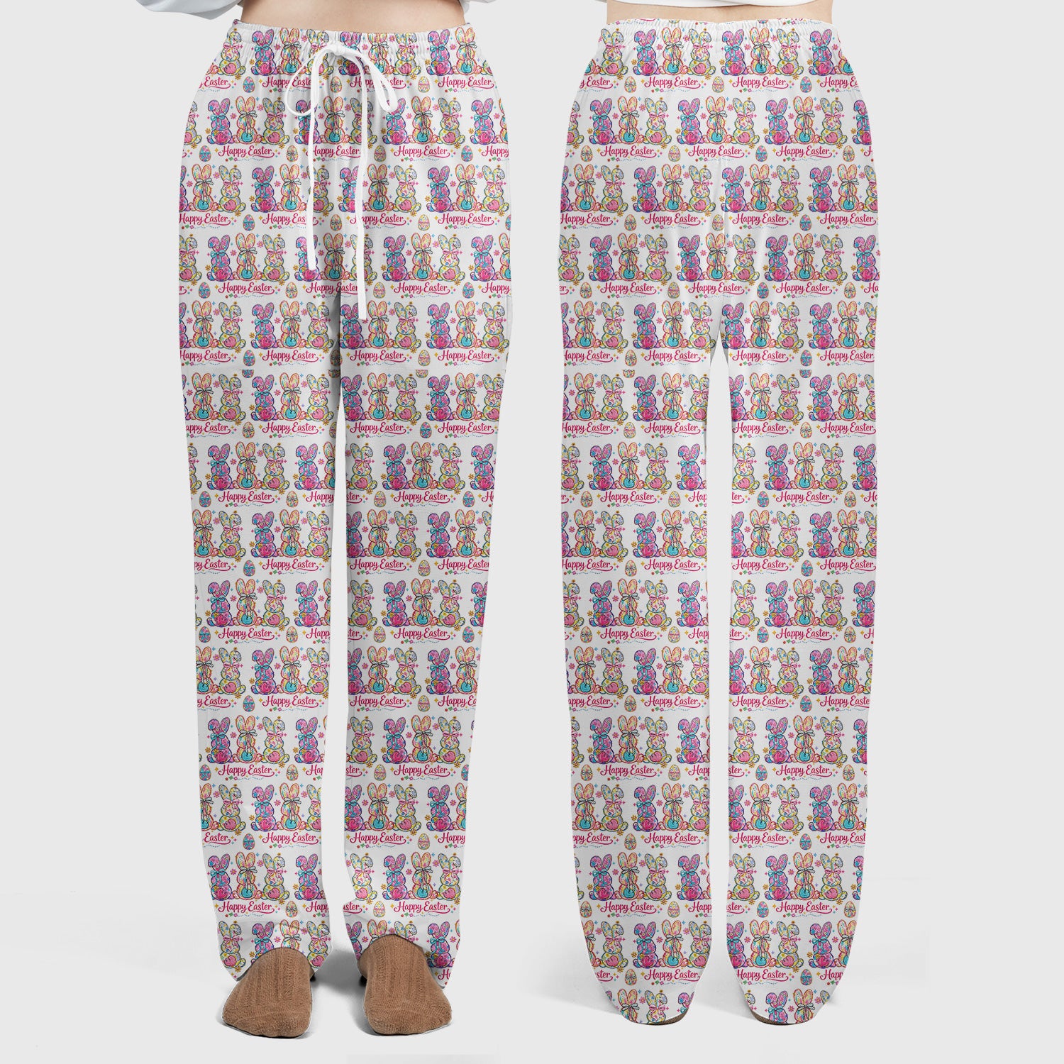 Pink Happy Easter Bunny Pattern Scrub Set, Scrub Pants and V Neck Top