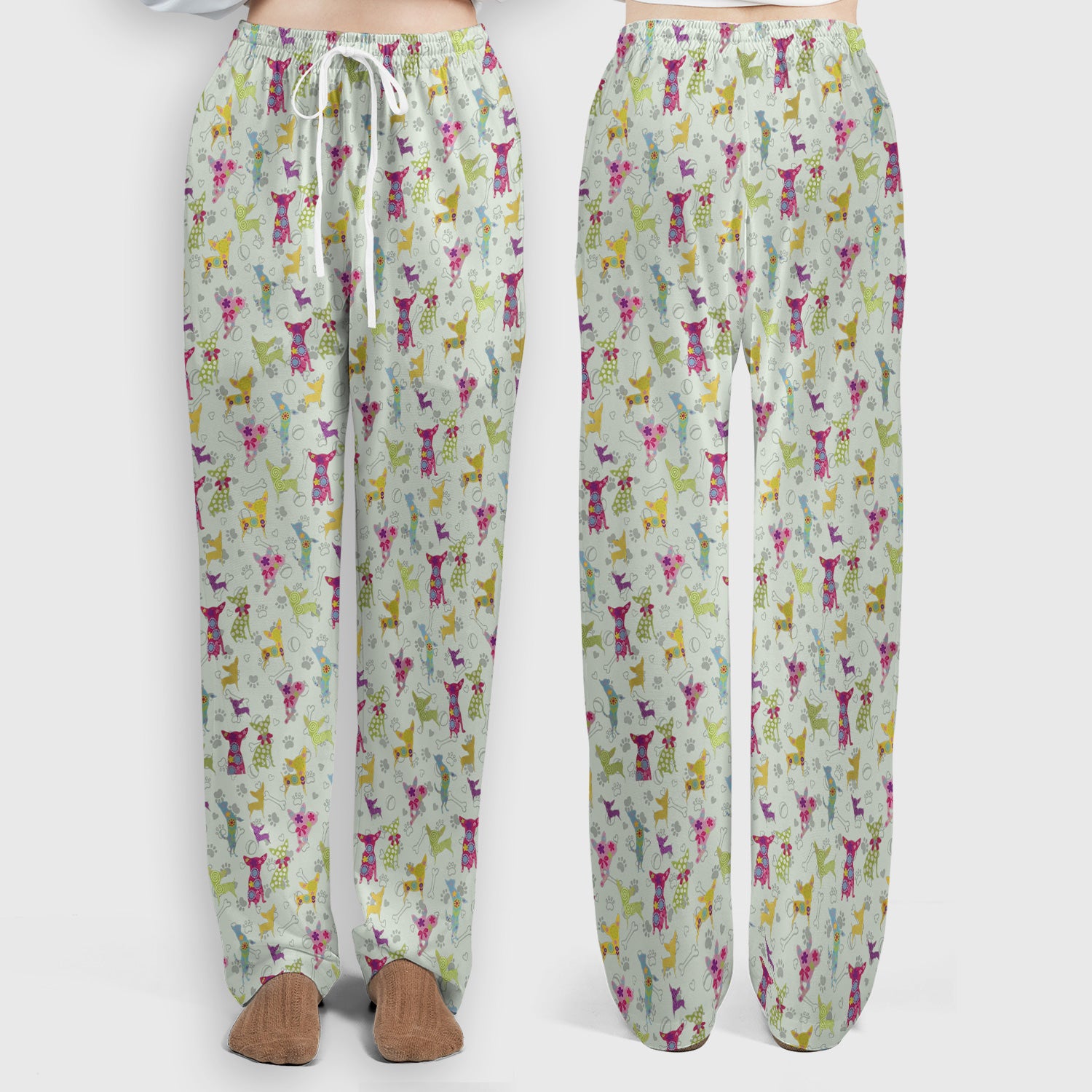 Colorful Playful Dog Print Nurse Scrub Set, Scrub Pants and V Neck Top