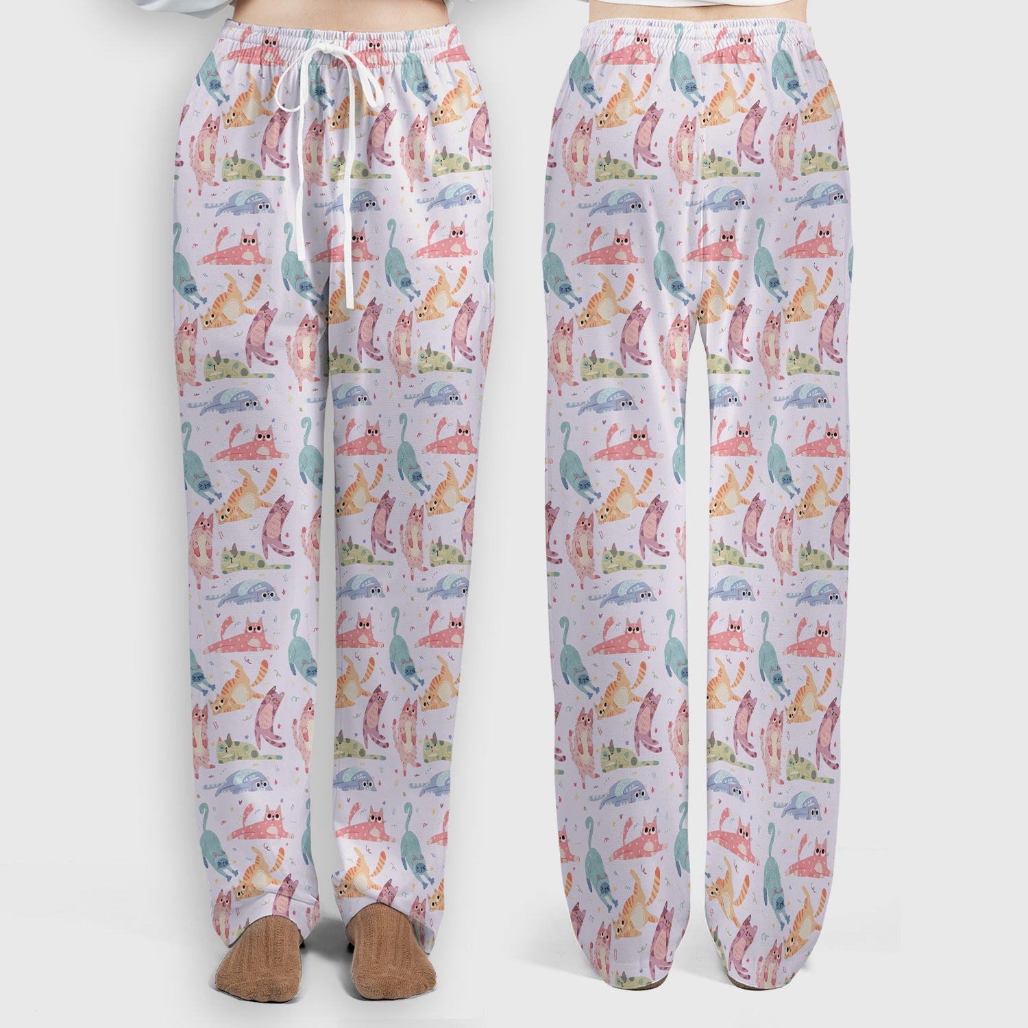 Funny Pastel Cat Pattern Medical Scrub Set, Breathable Fabrics Nursing Uniform