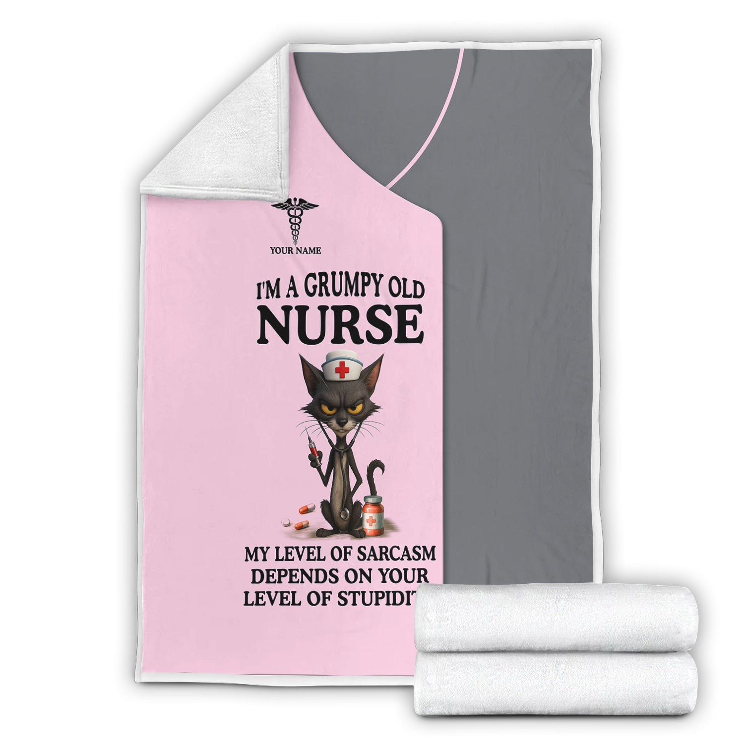 Custom Name Grumpy Old Nurse Blanket - Angry Cat Sarcastic Humor for RN LPN CNA Medical Staff Gift  - Multiple Color Options Available Keepsake