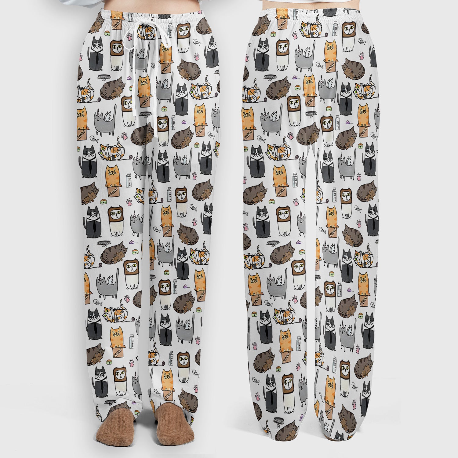 Lazy Cat Doodle Pattern Scrub Set, All Over Cozy Kitty Nursing Uniform for Women