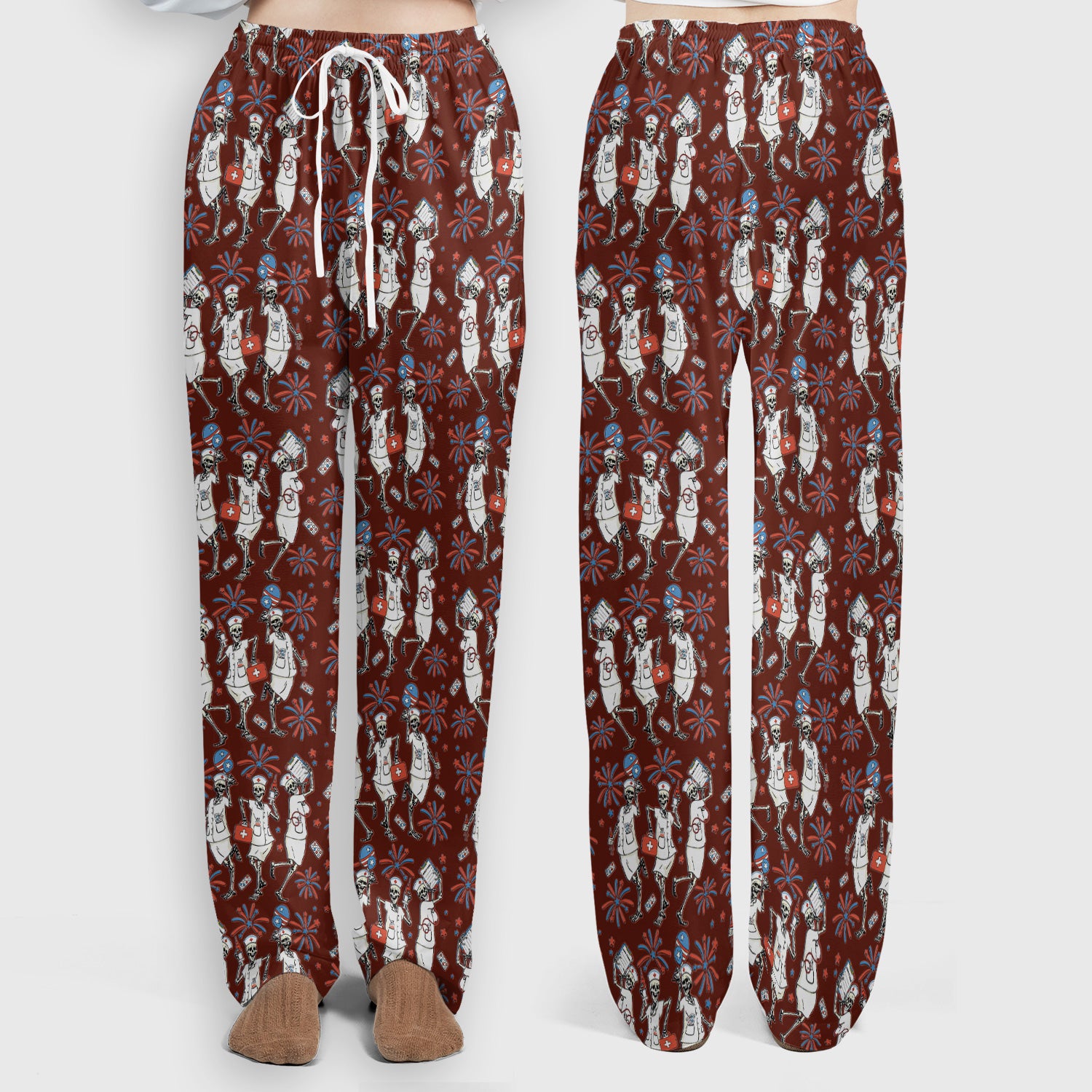 Funny Skeleton Nurse Patriotic Print Scrub Set, Scrub Pants and V Neck Top