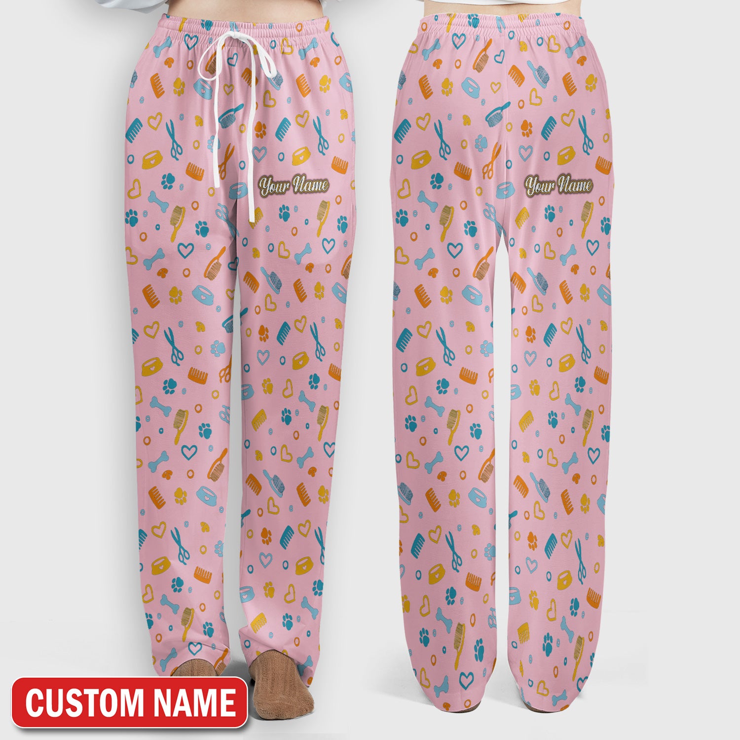 Custom Name Dog Cat Grooming Pattern Scrub Set, Scrub Pants and V Neck Top