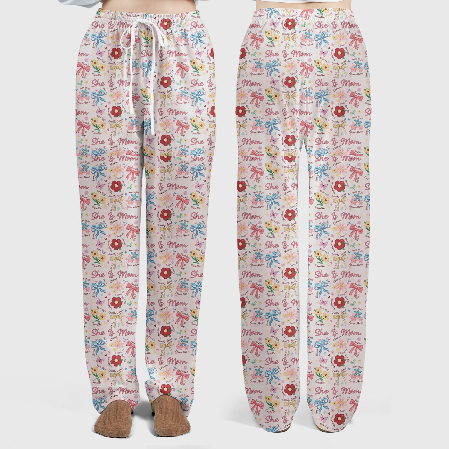 She Is Mom Flower Bow Pattern Scrub Set, Scrub Pants and V Neck Top