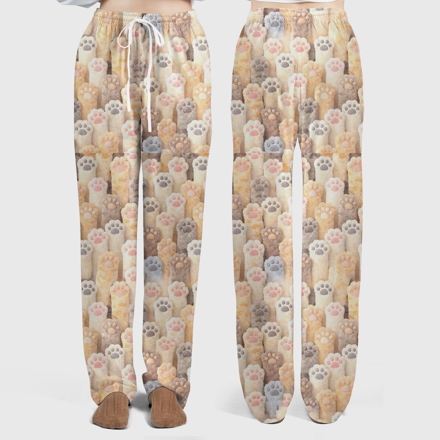 Cute Fluffy Cat Paw Pattern Scrub Set, Scrub Pants and V Neck Top