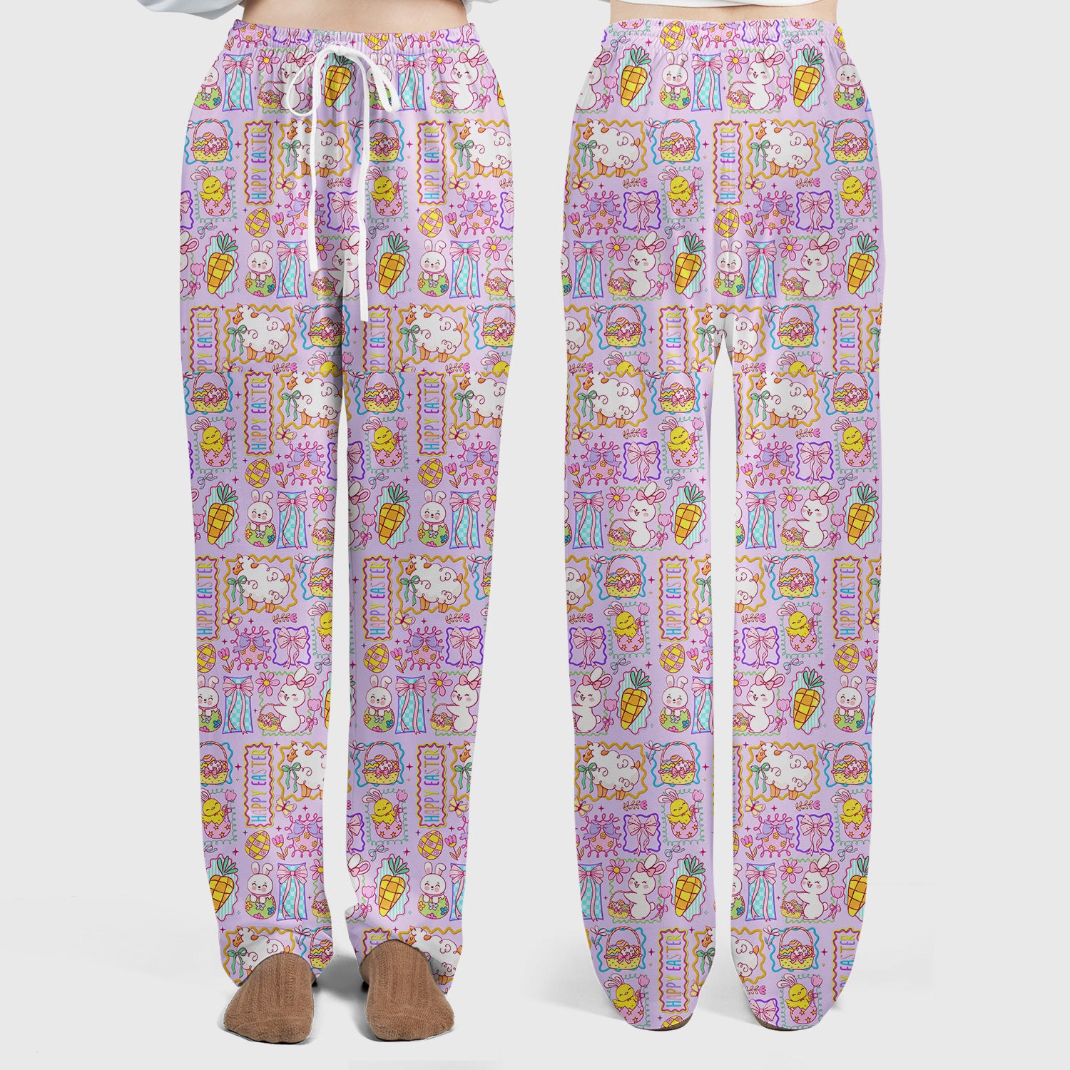 Cute Easter Bunny Egg and Bow Print Scrub Set, Scrub Pants and V Neck Top