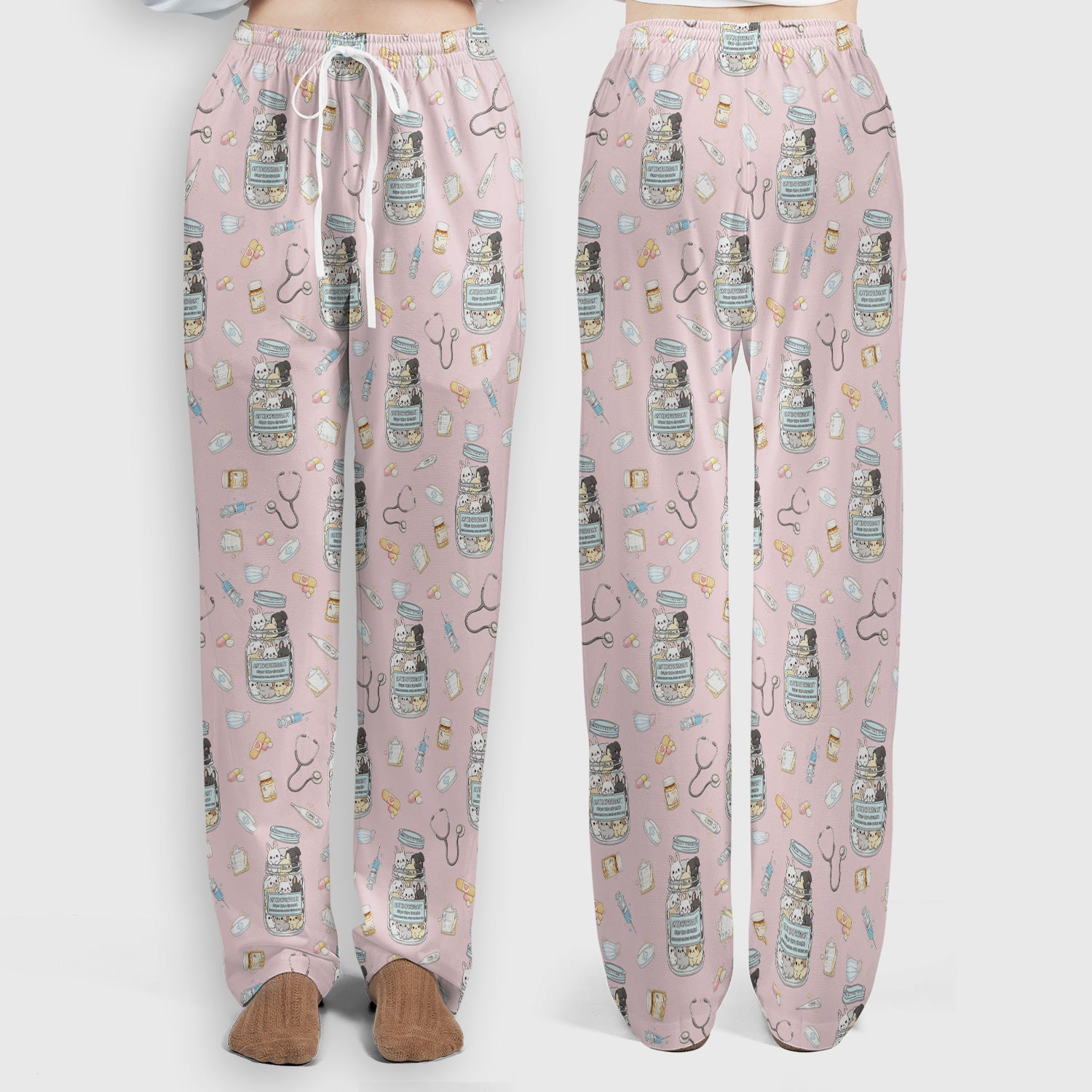Whimsical Antidepressant Rabbit Jar Design Scrub Set, Scrub Pants and V-Neck Top