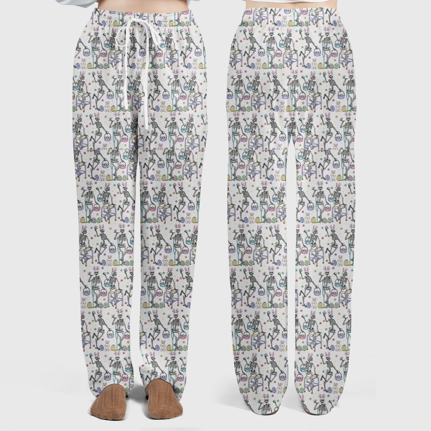 Fun Skeleton Bunny Easter Print Scrub Set, Scrub Pants and V Neck Top