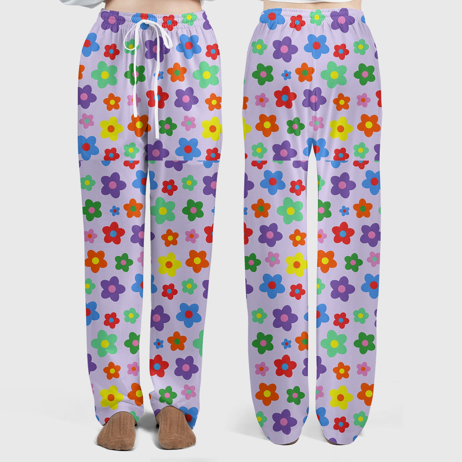 Colorful Retro Flower Pattern Print Scrub Set, Scrub Pants and V Neck Top