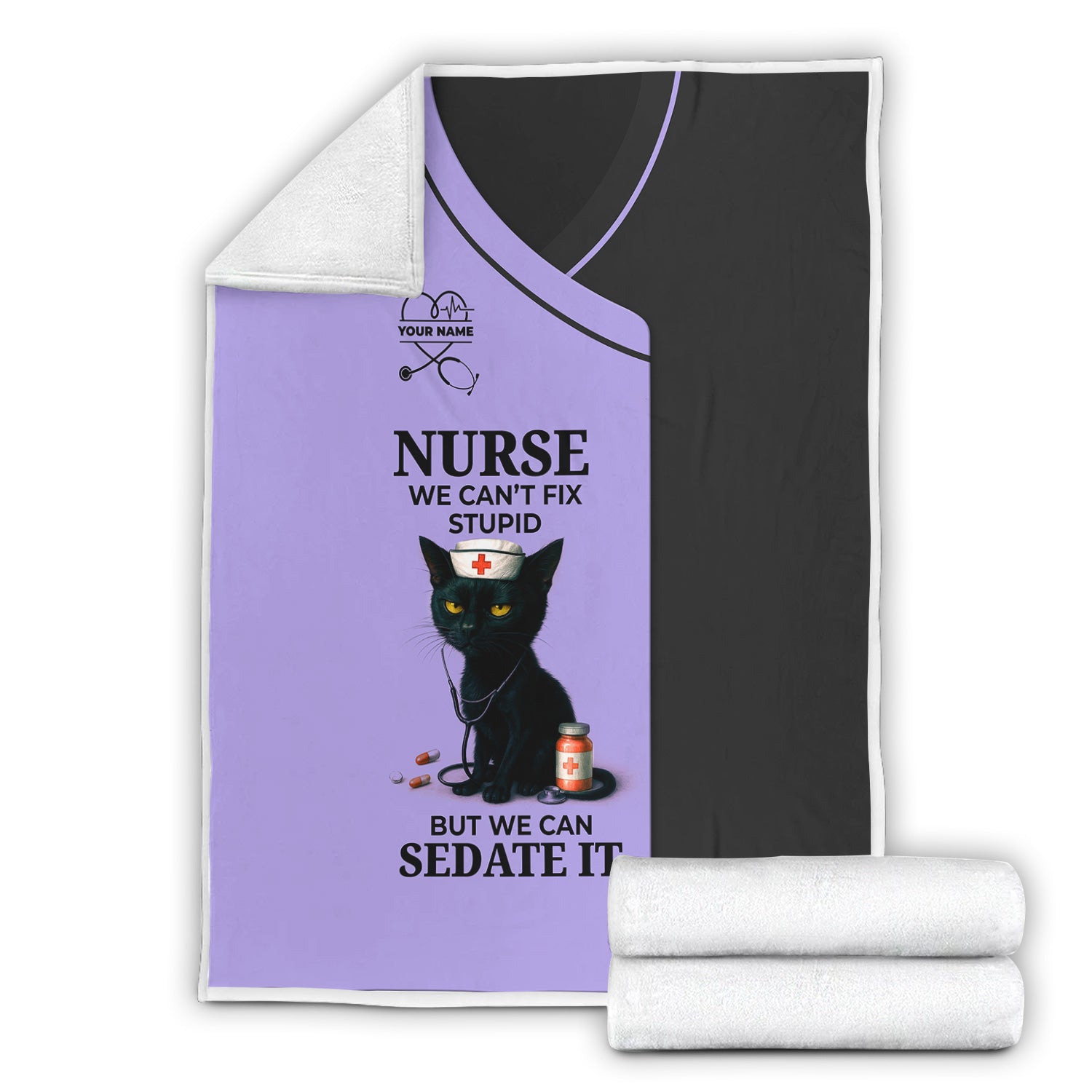Personalized Funny Nurse Black Cat Blanket - Multiple Color Options Available - Custom Name Gift for RN CNA LPN Healthcare Workers