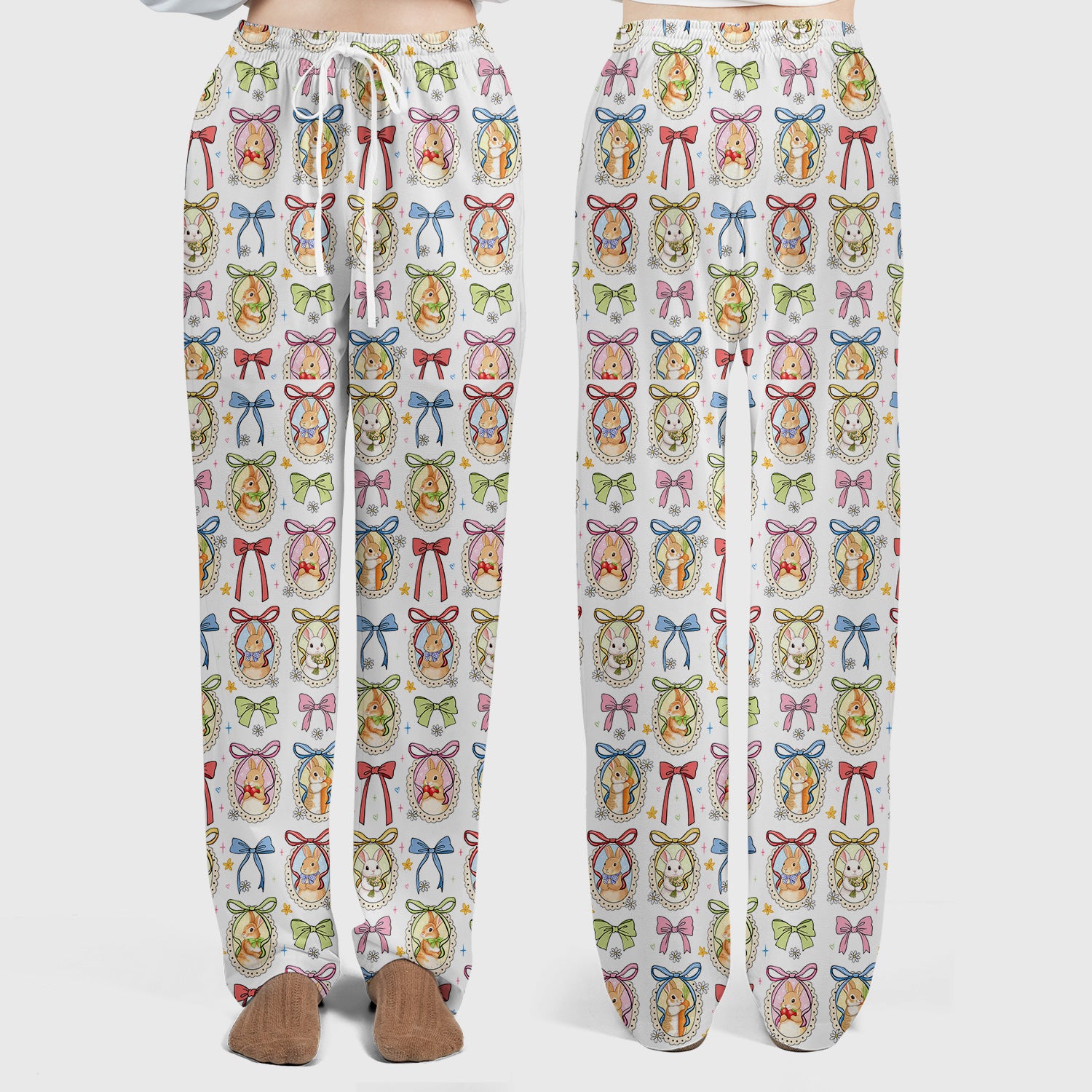 Cute Easter Bunny Cameo Colorful Bow Pattern Scrub Set, Breathable Med Uniform