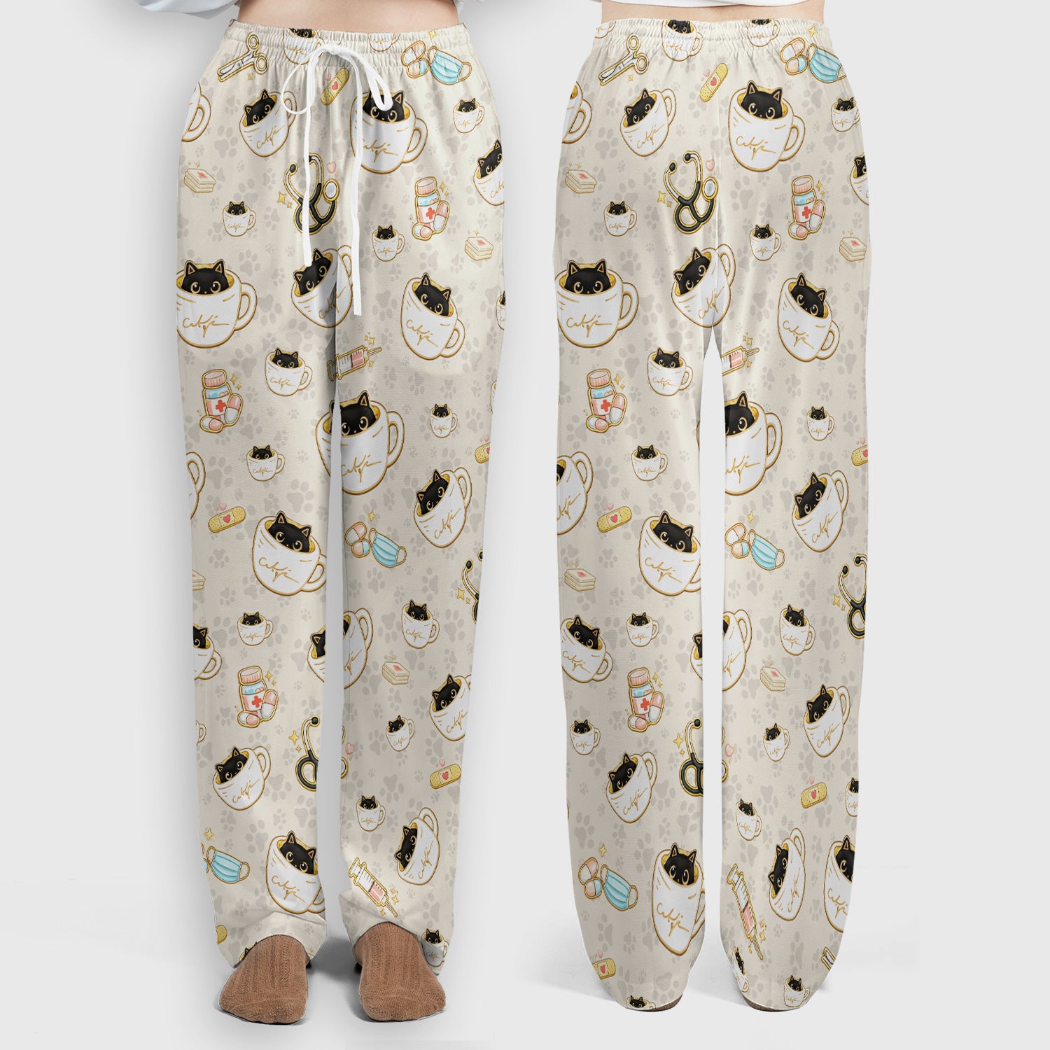 Cute Coffee Cat Medical Print Scrub Set, Scrub Pants and V Neck Top