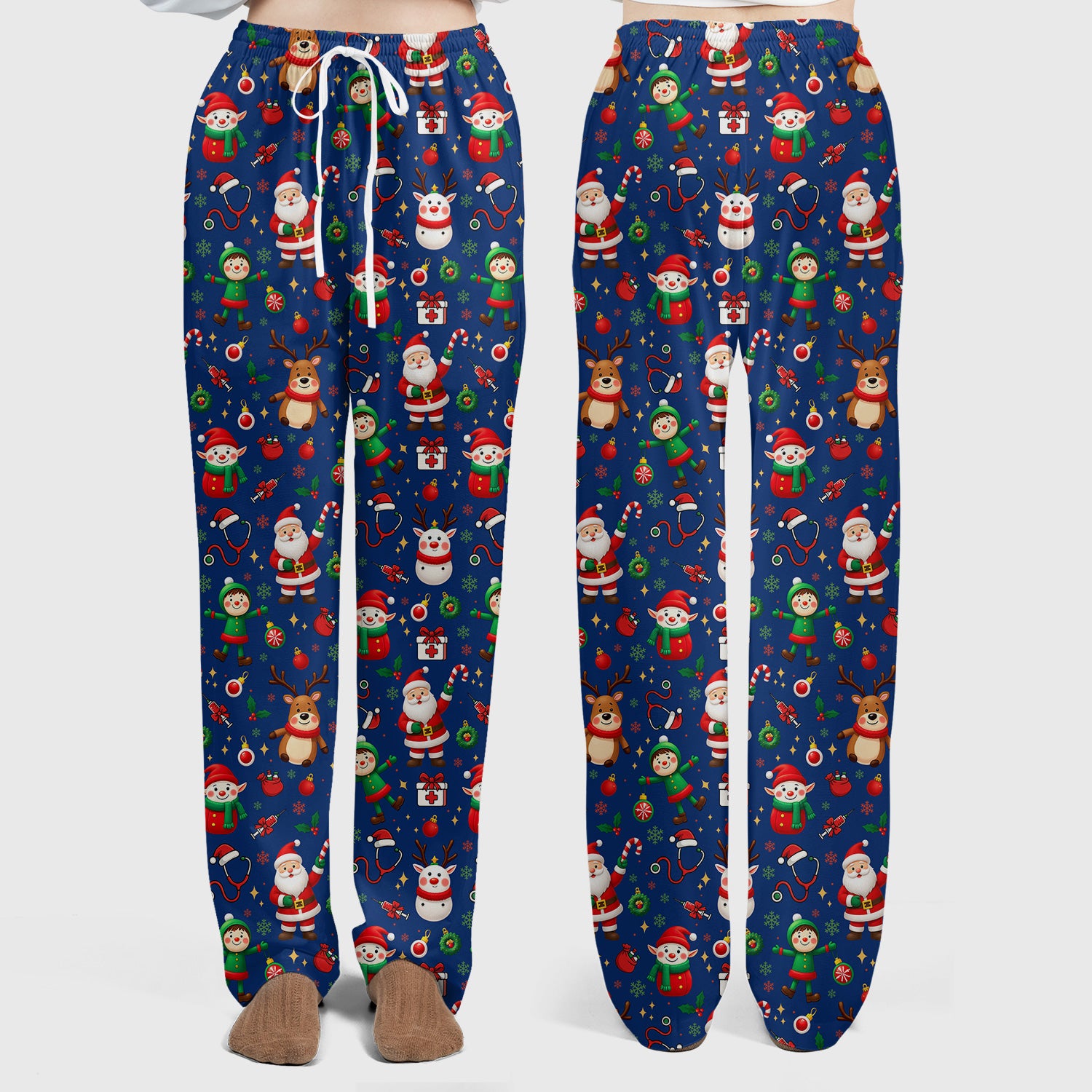 Christmas Comfortable Scrubs for Nurses - Cute Santa Reindeer Scrubs Pants and V Neck Top - Festive Holiday Med Uniform for Women