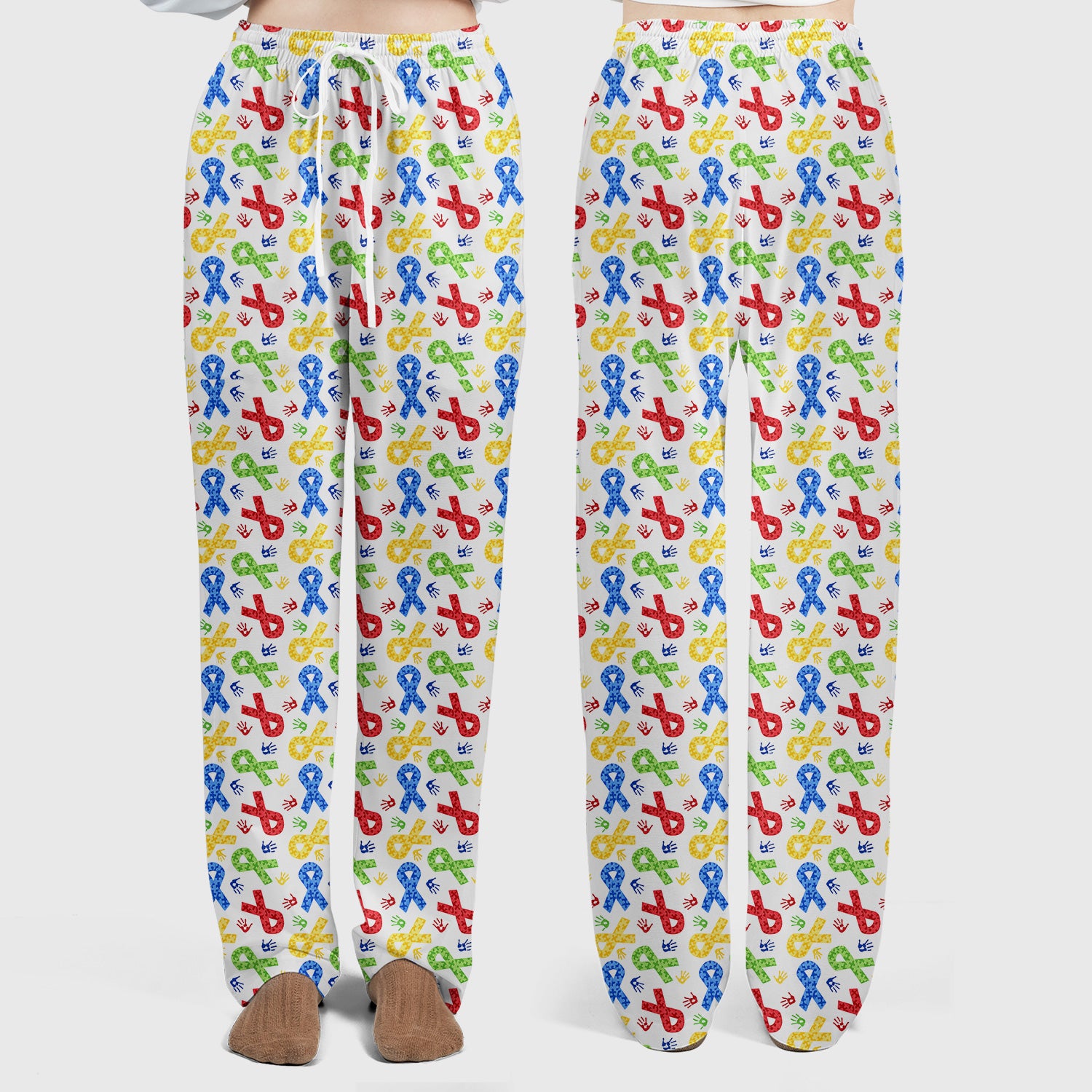 Multicolor Ribbon Pattern Print Scrub Set, Scrub Pants and V Neck Top
