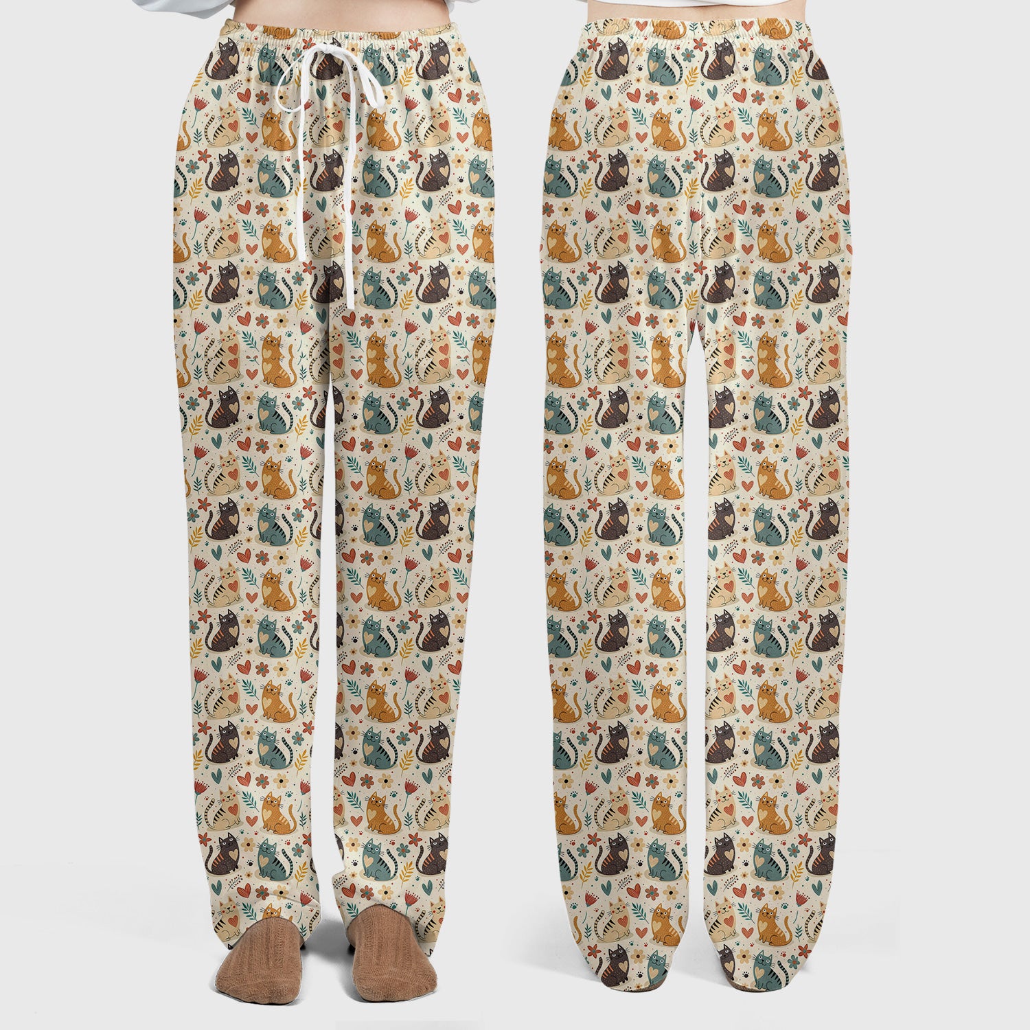 Cute Kitty Print V Neck Scrub Set for Nurses, Floral Medical Uniform