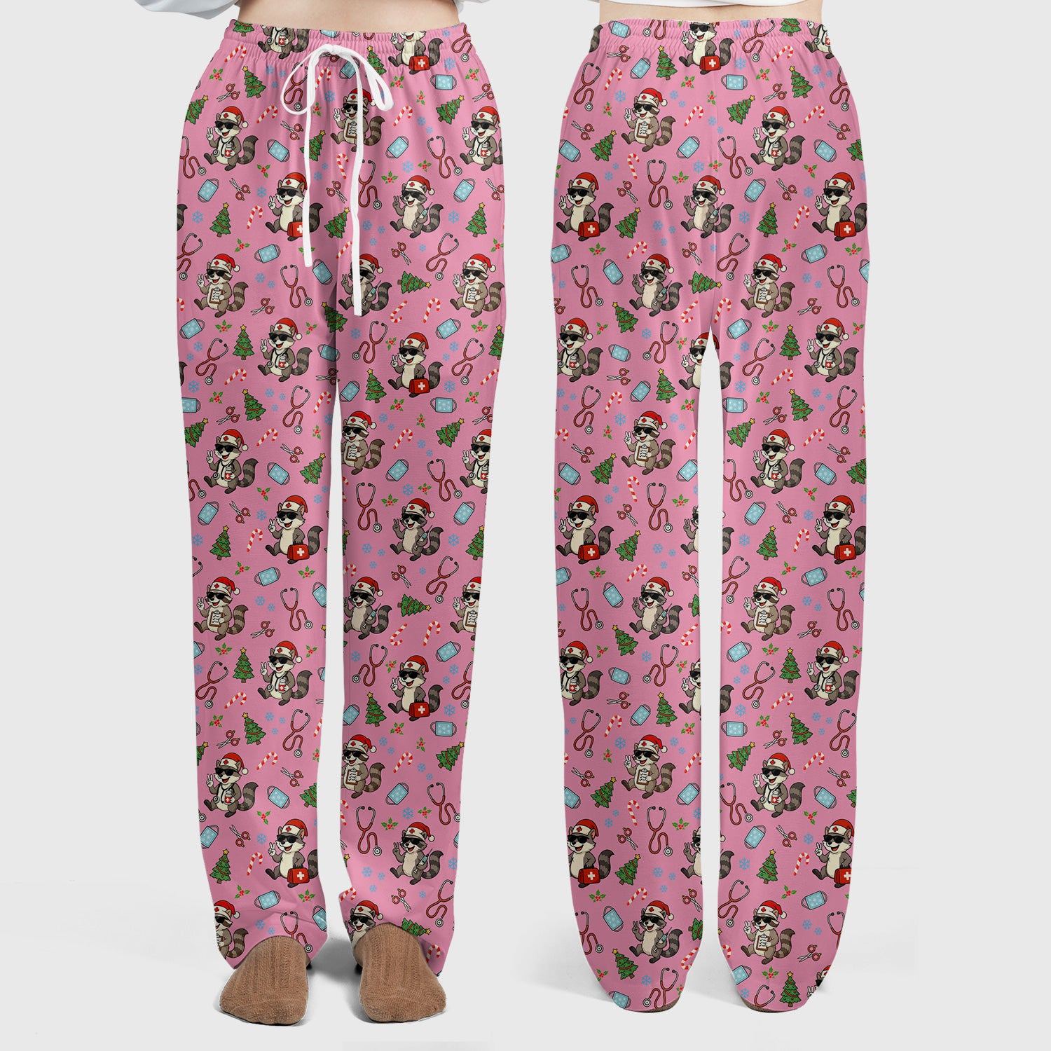 Funny Christmas Nurse Scrub Set - Raccoon Pattern with Santa Hat, Stethoscope and Tree - Cute Holiday Medical Scrubs Pants and Top Gift for RN CNA LPN