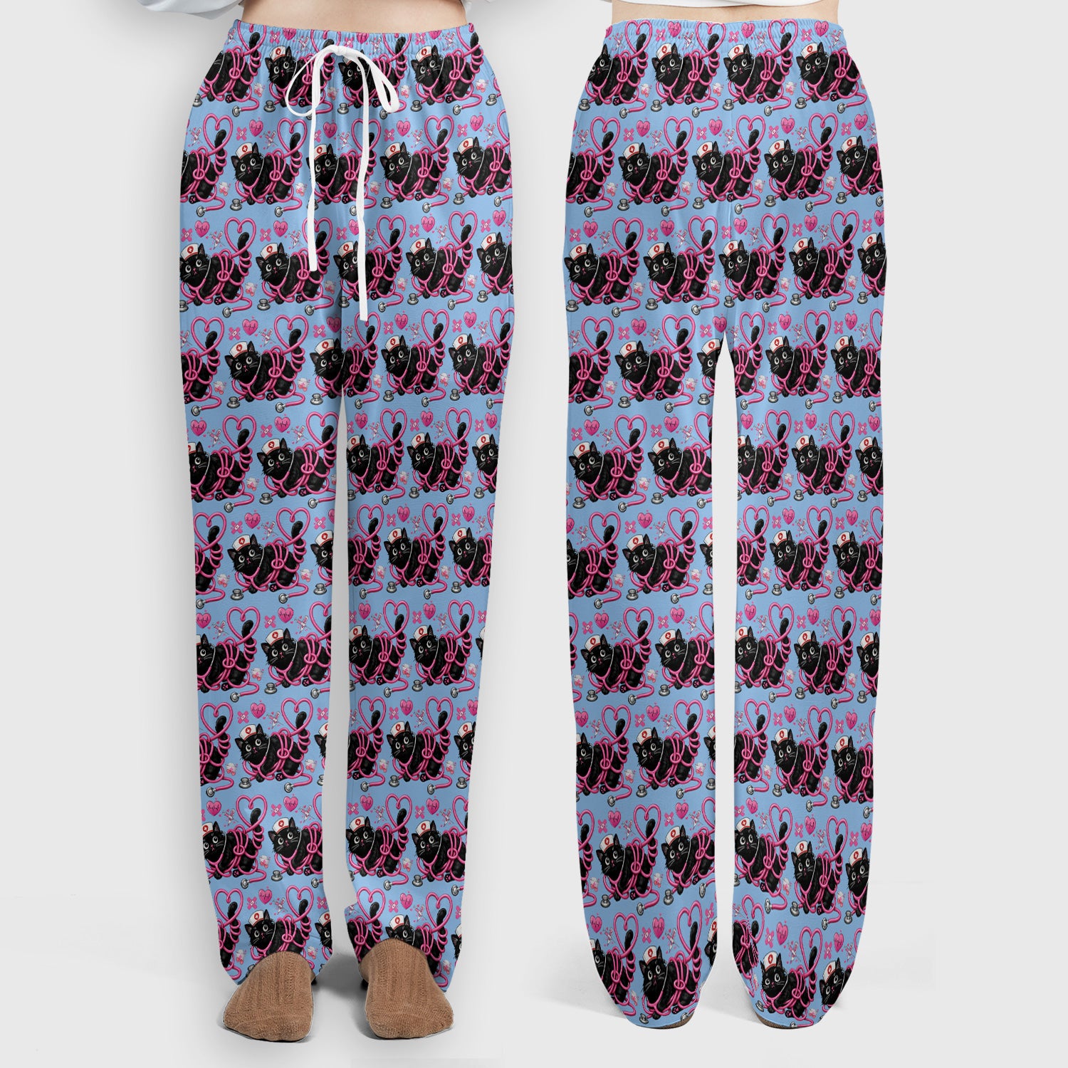 Valentine Cute Cat Nurse Heart Print Women's Scrub Set, Breathable Med Uniform