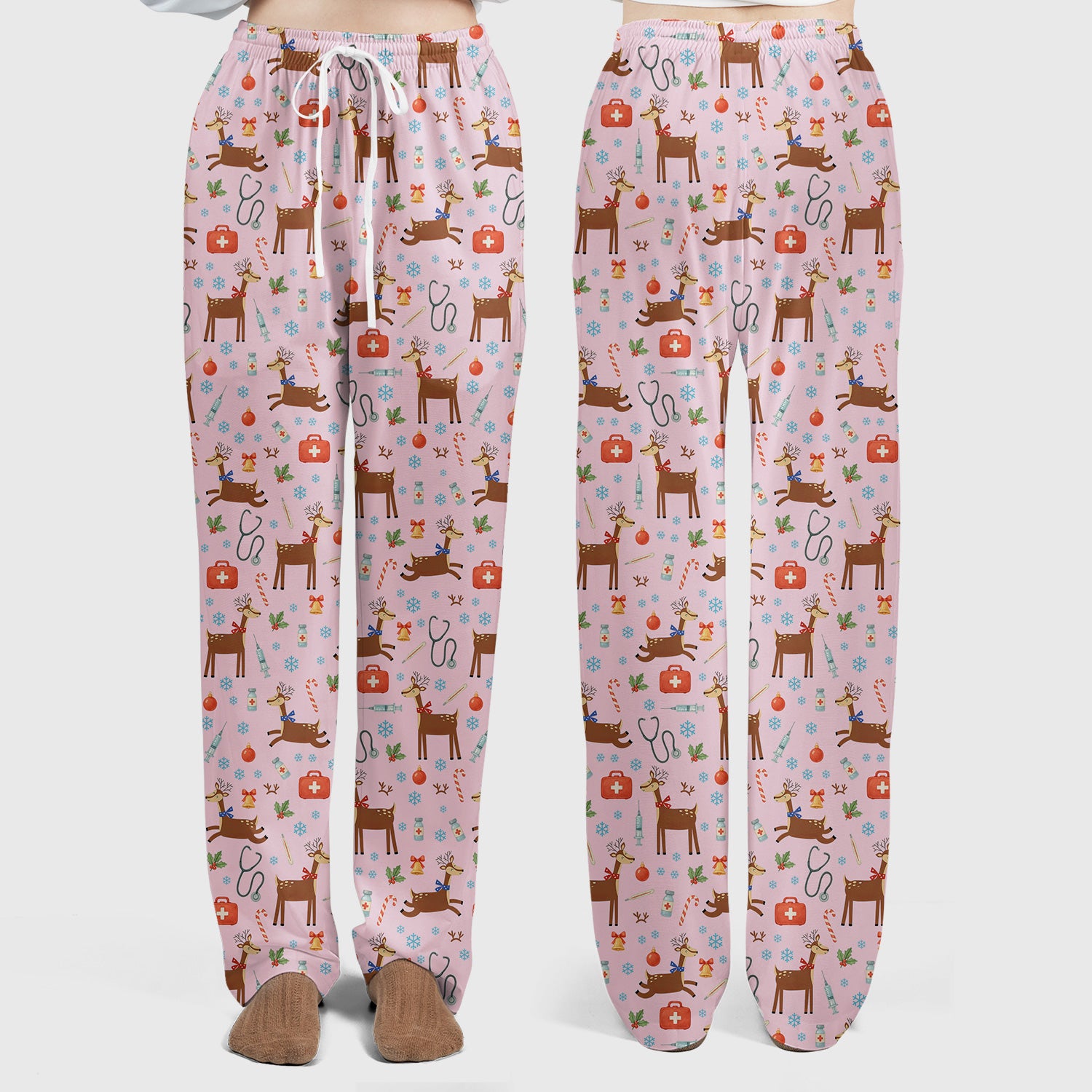 Reindeer Christmas Scrub Set - Snowflakes Candy Canes Holiday Scrubs Pants and V Neck Top - Xmas Gift for Women RN CNA LPN